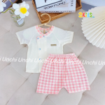Bộ Quần Áo Sơ Sinh Unchi Cộc Tay Cúc Lệch Kẻ Caro