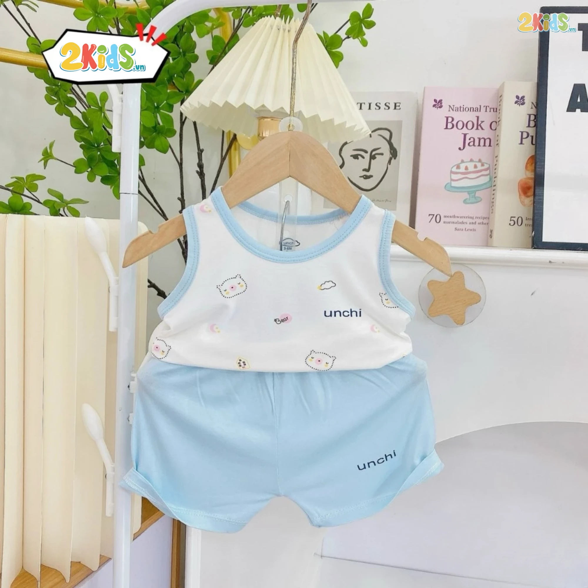 Bộ Quần Áo Sơ Sinh Unchi Ba Lỗ Trắng Phối Màu Họa Tiết