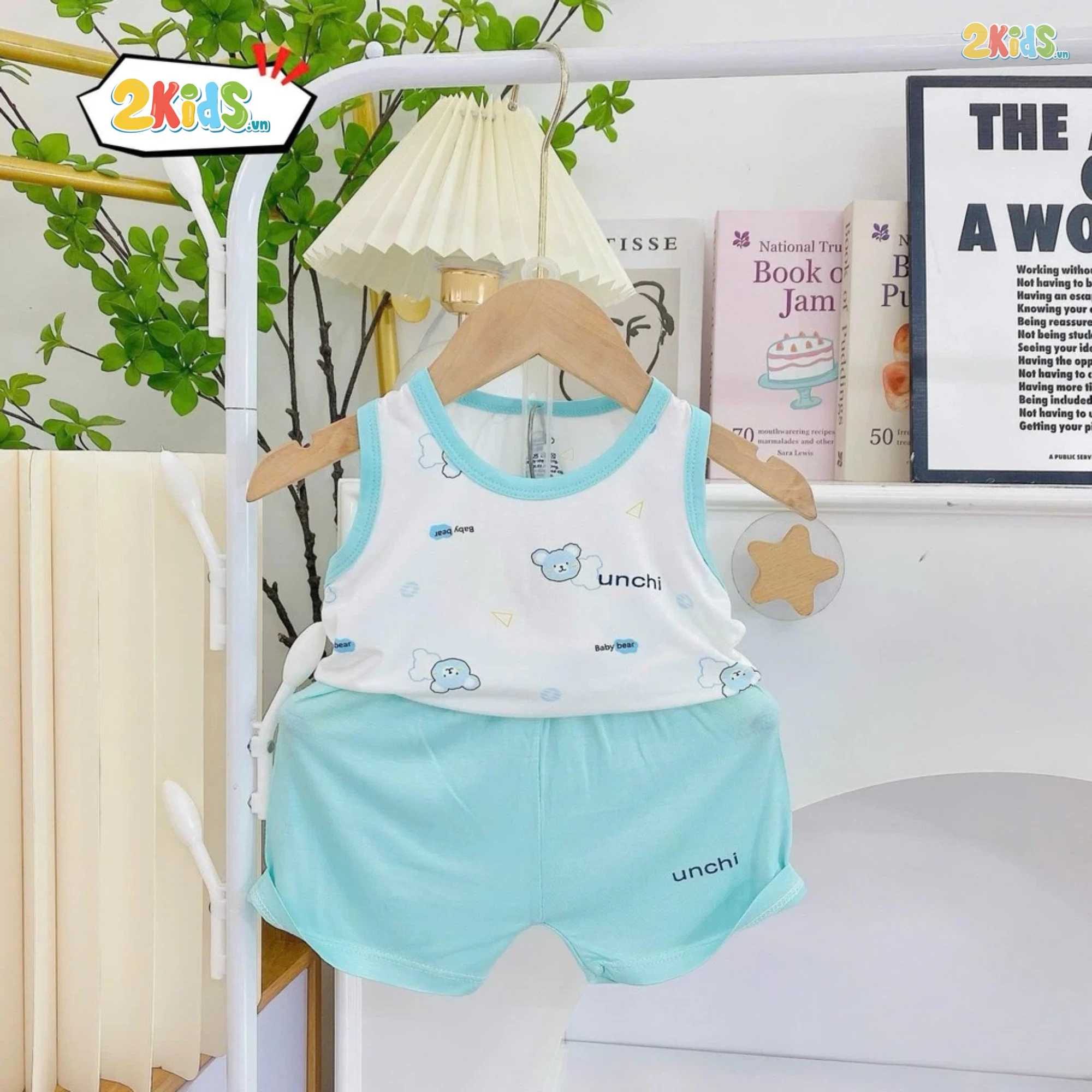 Bộ Quần Áo Sơ Sinh Unchi Ba Lỗ Trắng Phối Màu Họa Tiết