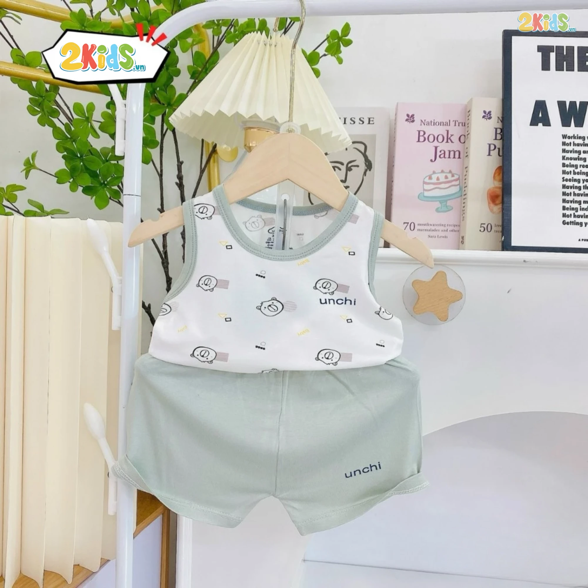 Bộ Quần Áo Sơ Sinh Unchi Ba Lỗ Trắng Phối Màu Họa Tiết