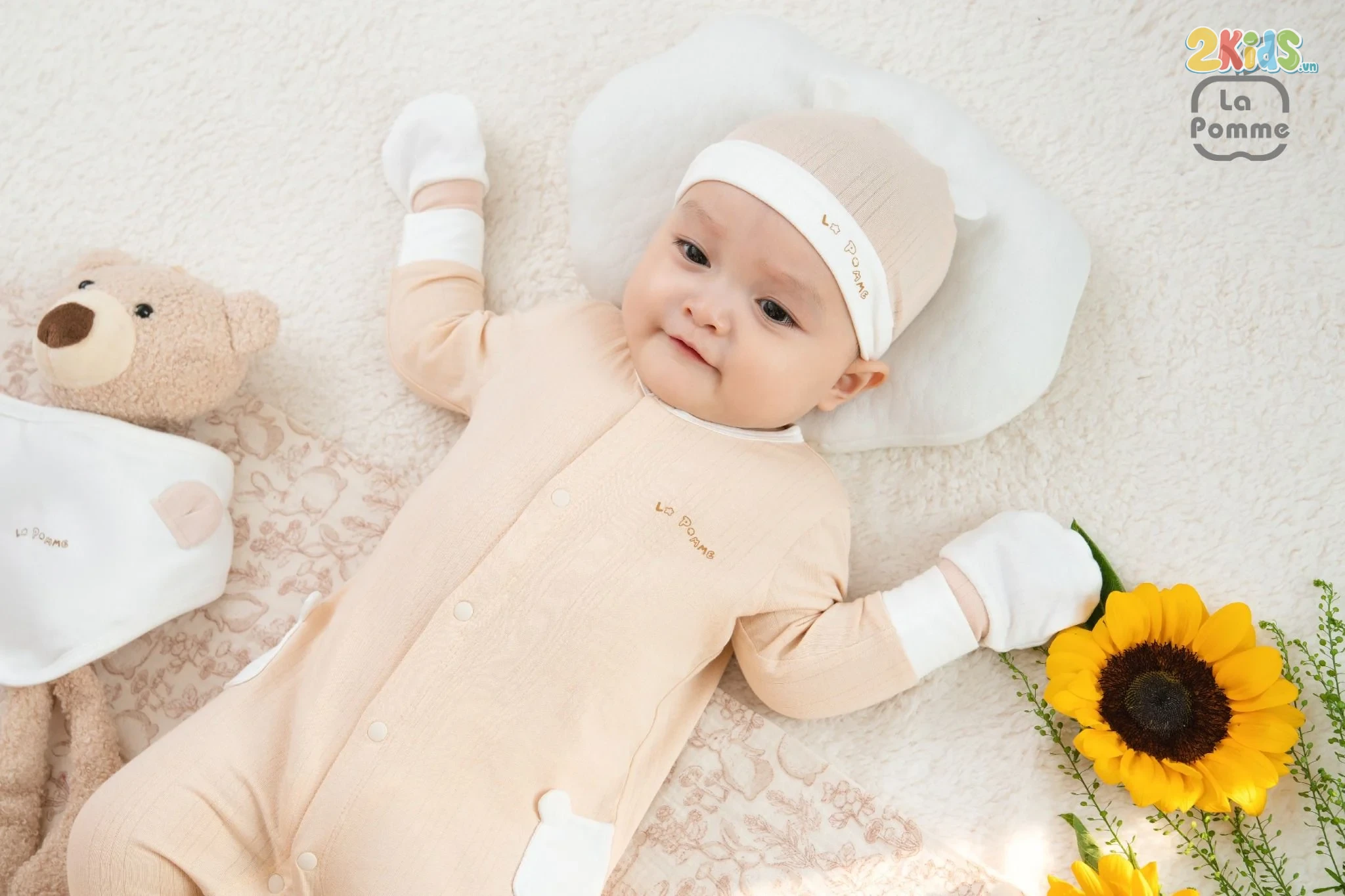 Bộ body sơ sinh La Pomme dài tay gấu con ngộ nghĩnh