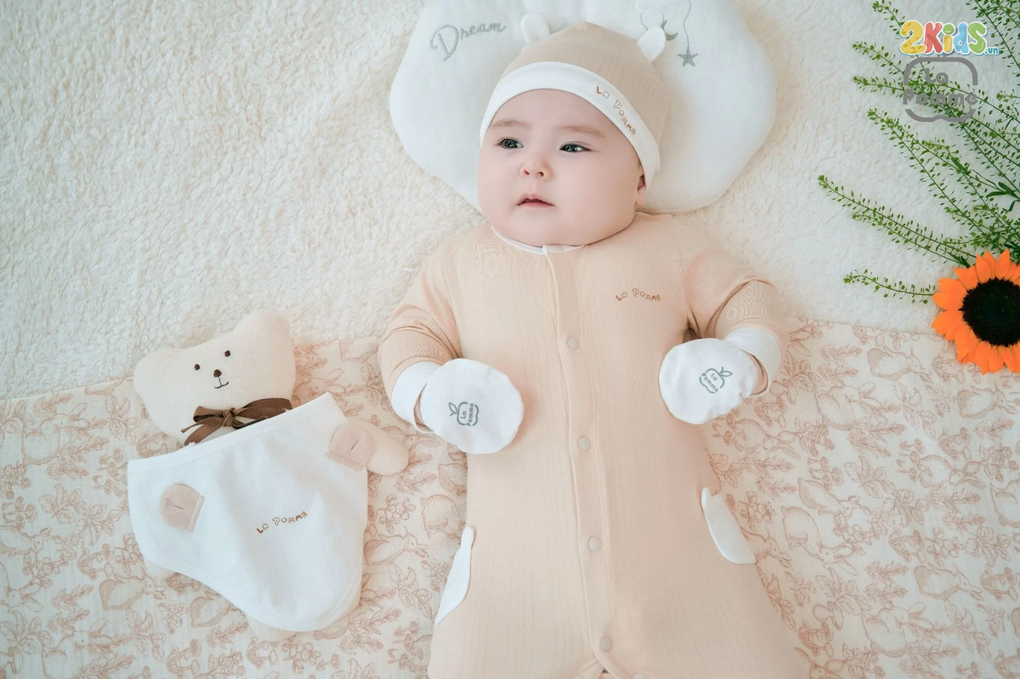 Bộ body sơ sinh La Pomme dài tay gấu con ngộ nghĩnh