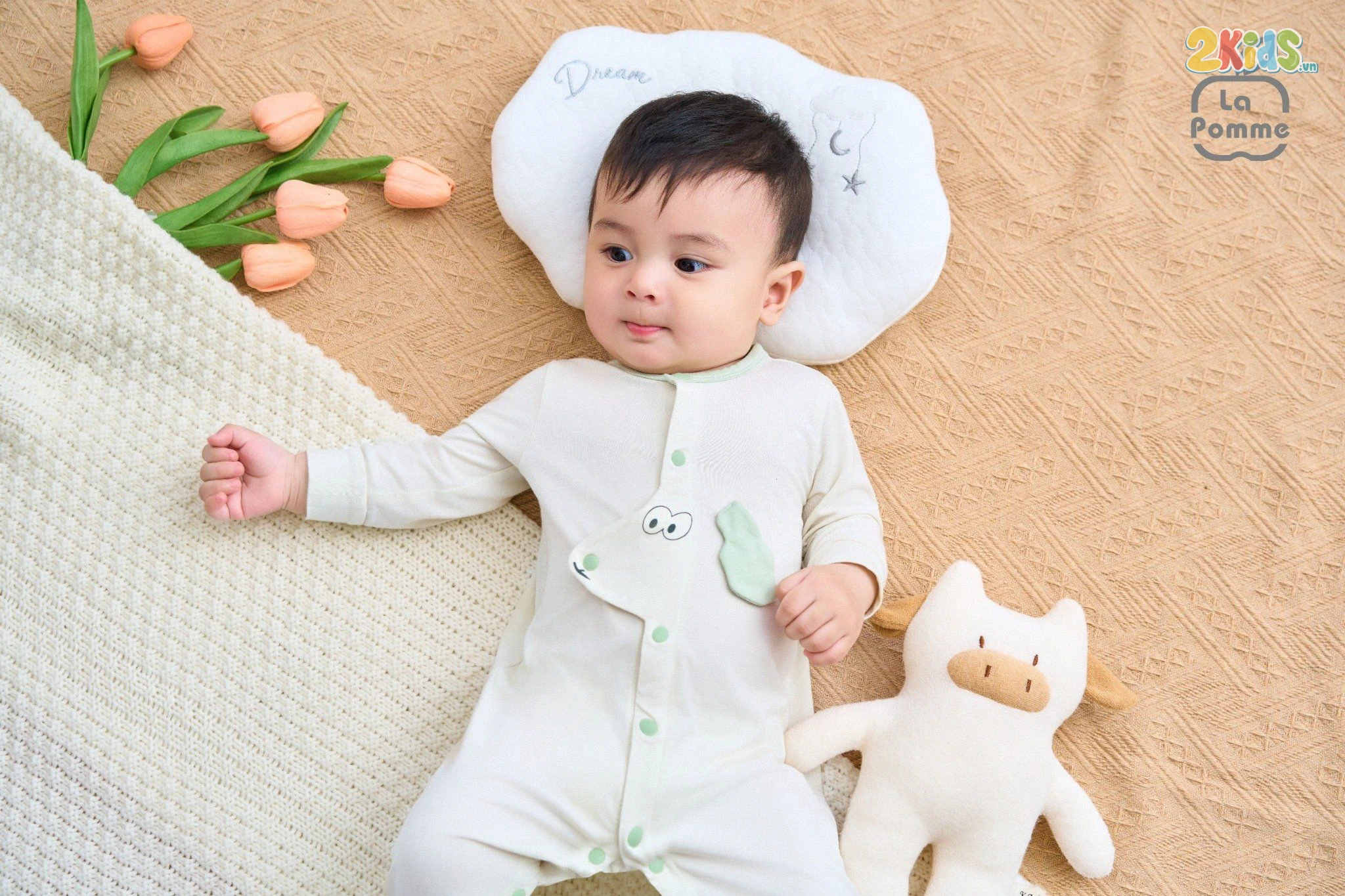 Bộ body sơ sinh La Pomme dài tay Happy Morning