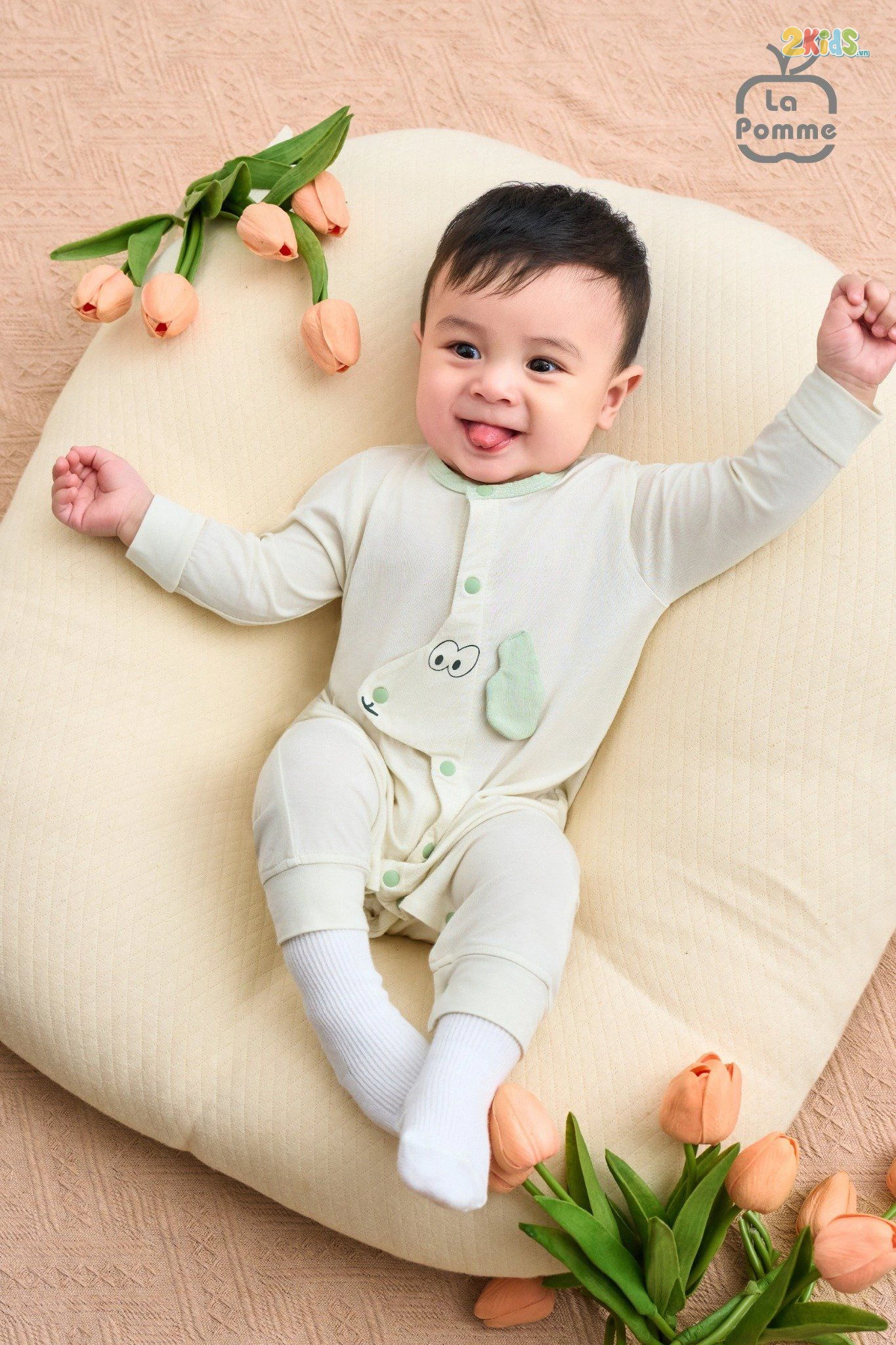 Bộ body sơ sinh La Pomme dài tay Happy Morning