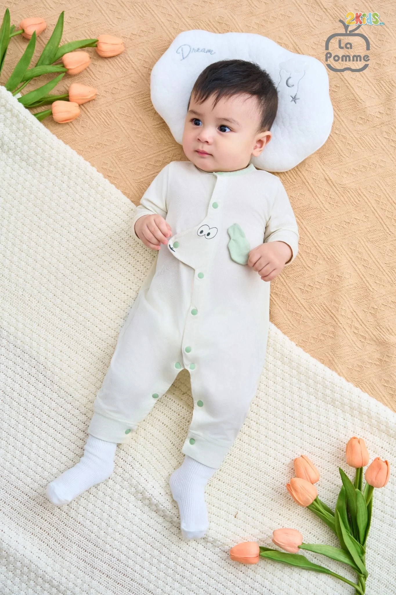 Bộ body sơ sinh La Pomme dài tay Happy Morning