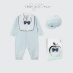 Bộ body sơ sinh La Pomme dài tay kèm mũ Deluxe thêu cổ