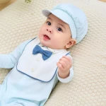 Bộ body sơ sinh La Pomme dài tay kèm mũ Deluxe thêu cổ