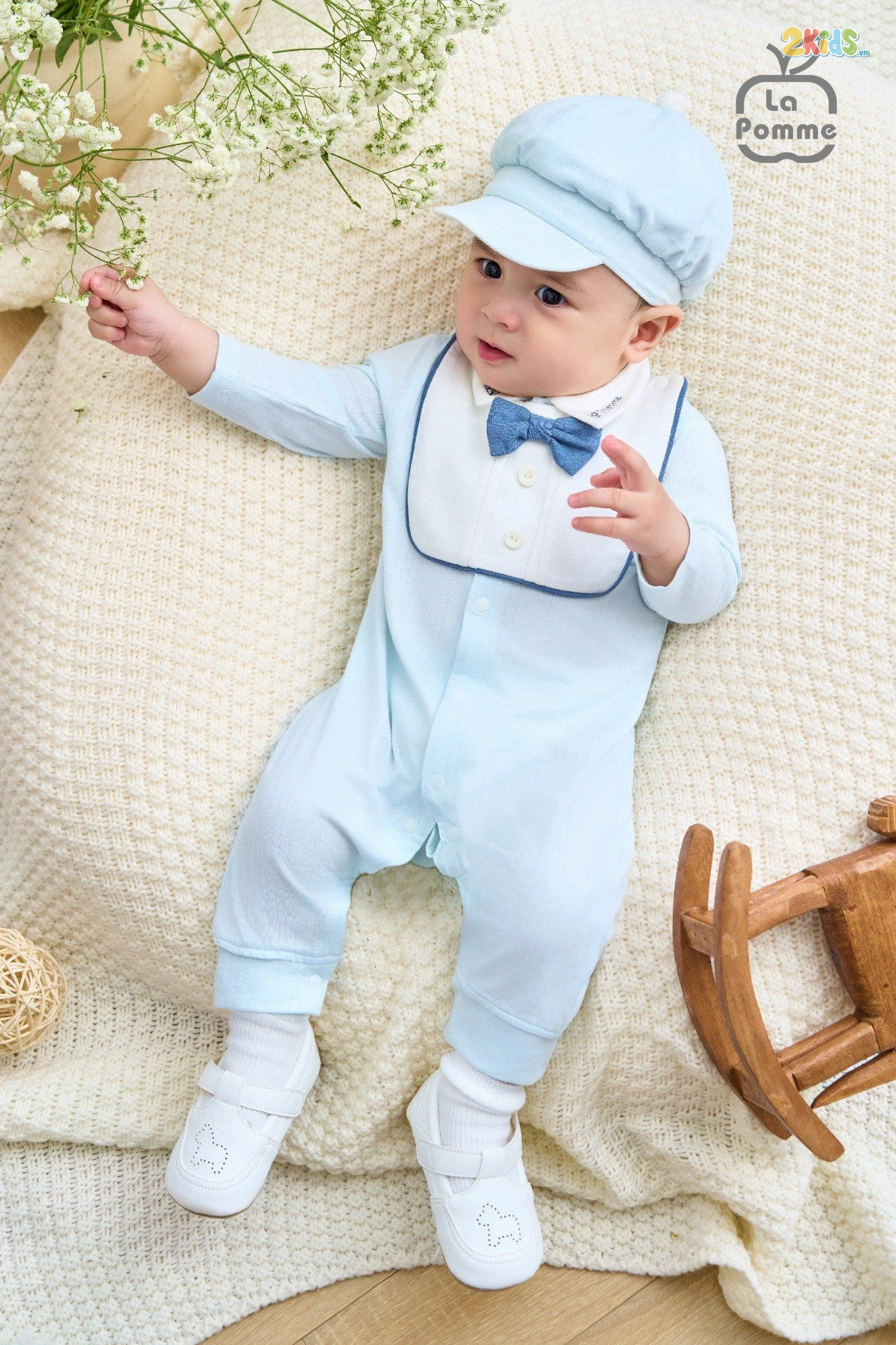 Bộ body sơ sinh La Pomme dài tay kèm mũ Deluxe thêu cổ