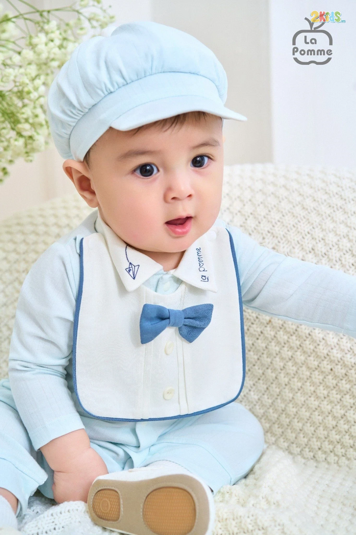 Bộ body sơ sinh La Pomme dài tay kèm mũ Deluxe thêu cổ