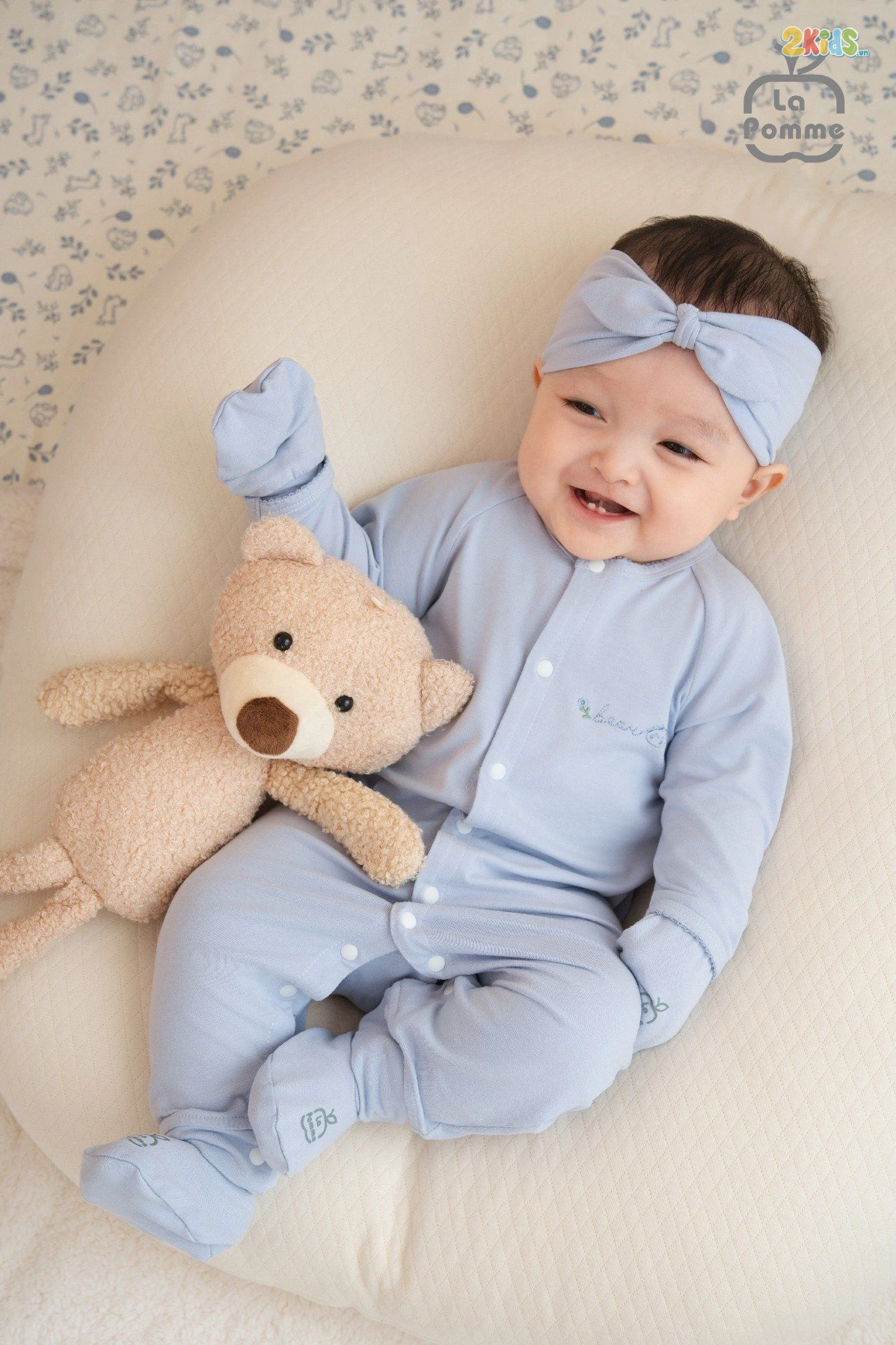 Bộ body sơ sinh La Pomme dài tay phối viền gấu nhỏ