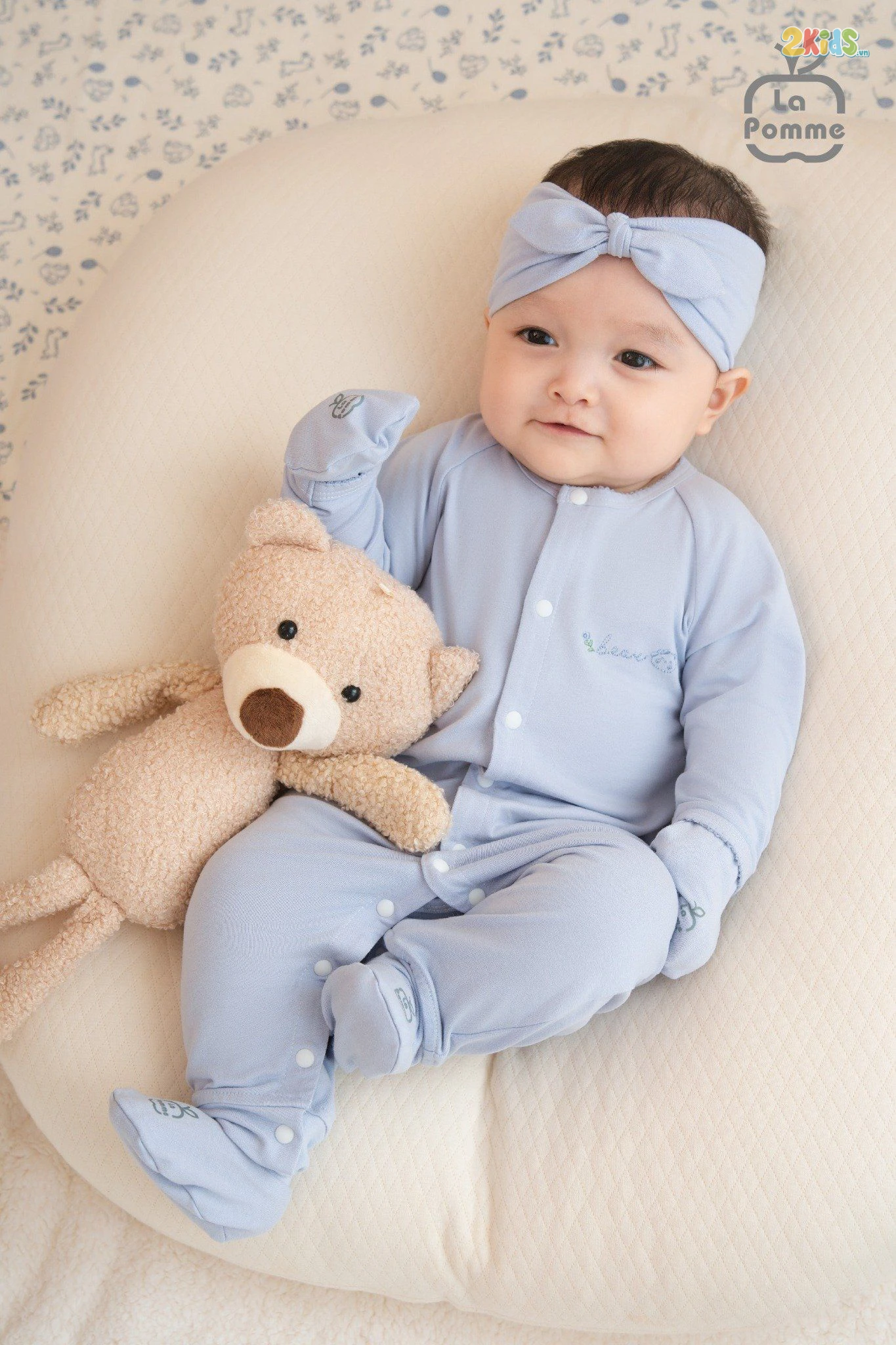 Bộ body sơ sinh La Pomme dài tay phối viền gấu nhỏ