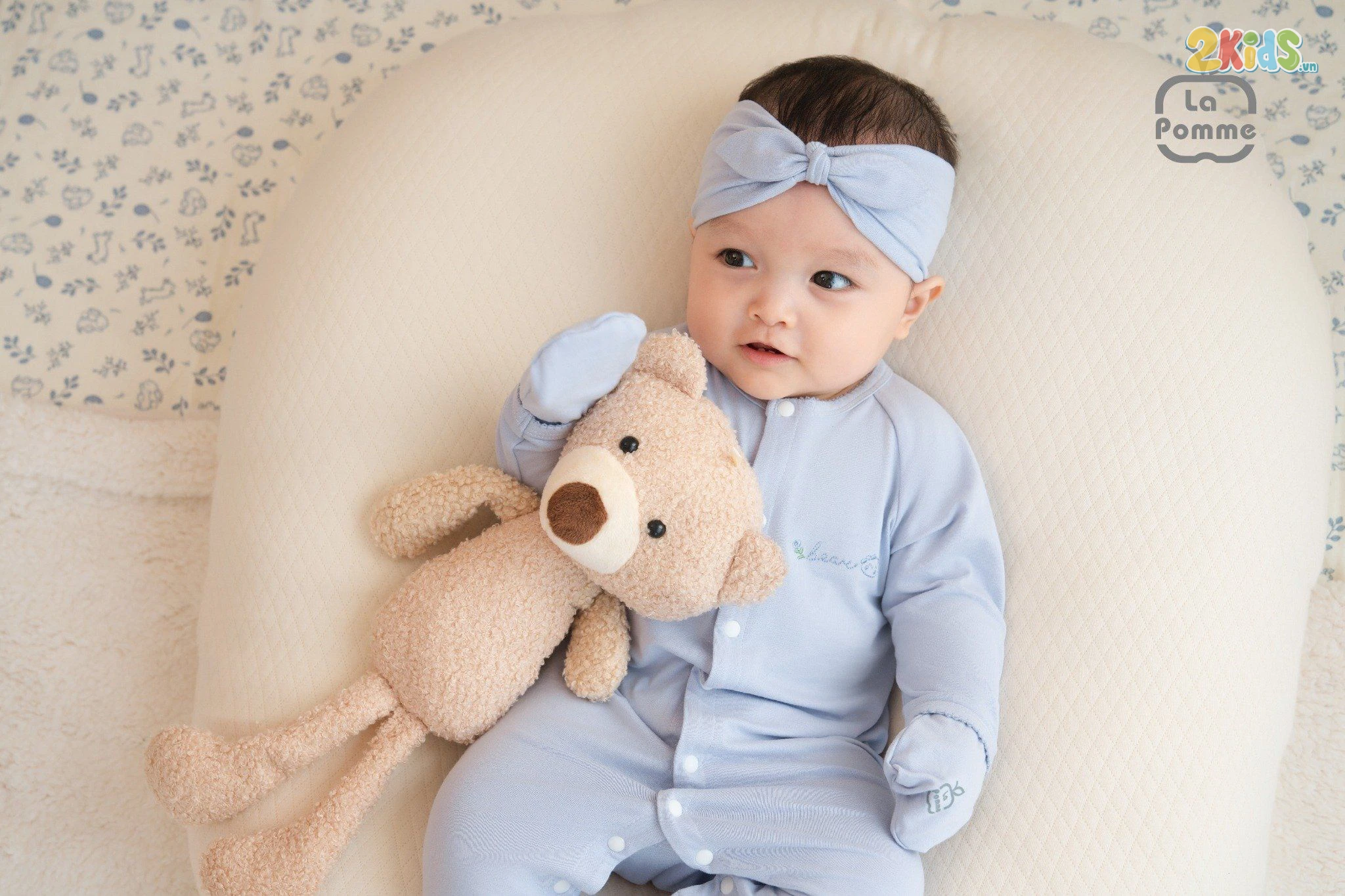 Bộ body sơ sinh La Pomme dài tay phối viền gấu nhỏ