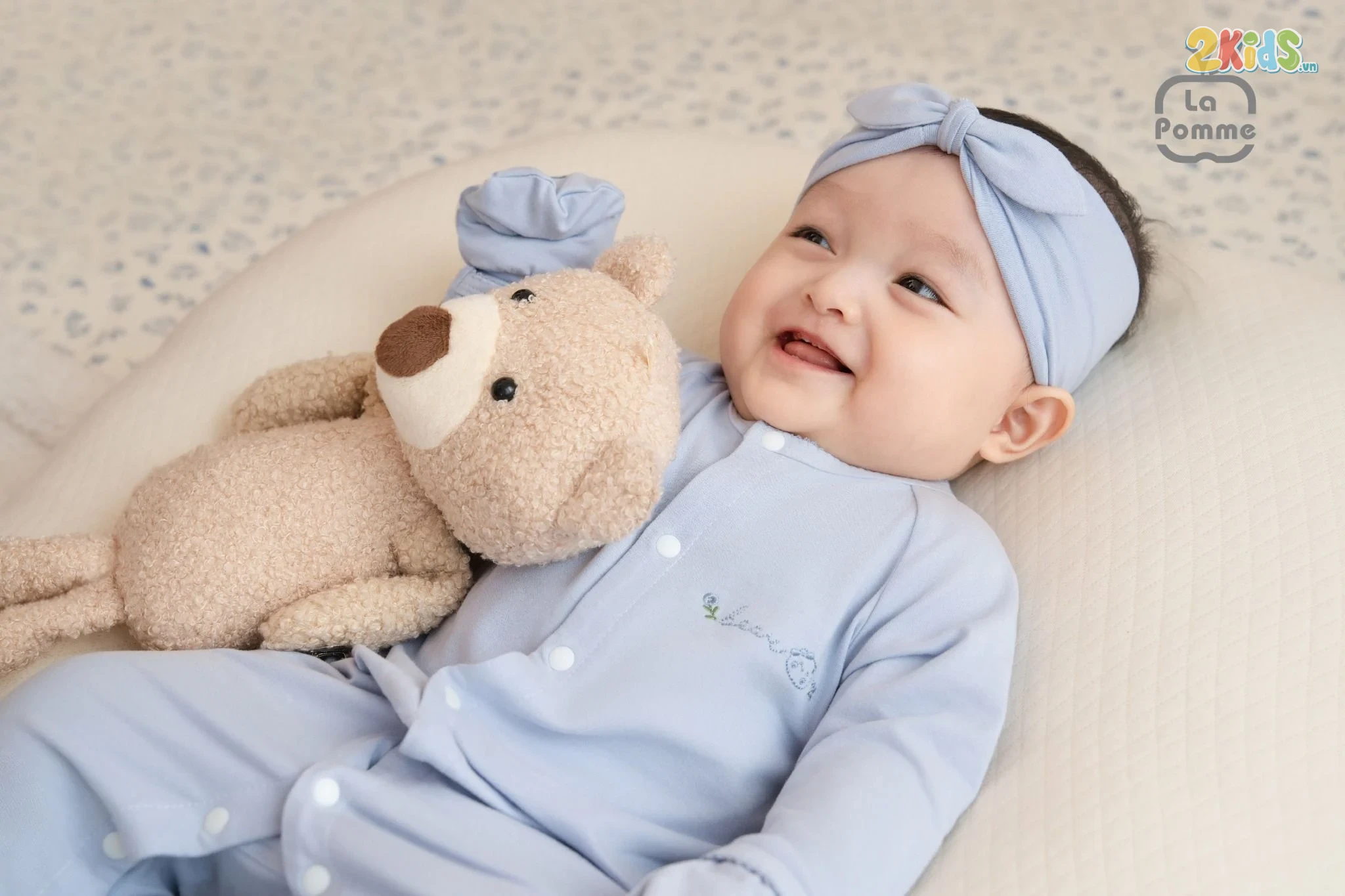 Bộ body sơ sinh La Pomme dài tay phối viền gấu nhỏ