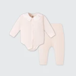 Bộ bodysuit sơ sinh La Pomme dài tay cổ viền ren hồng