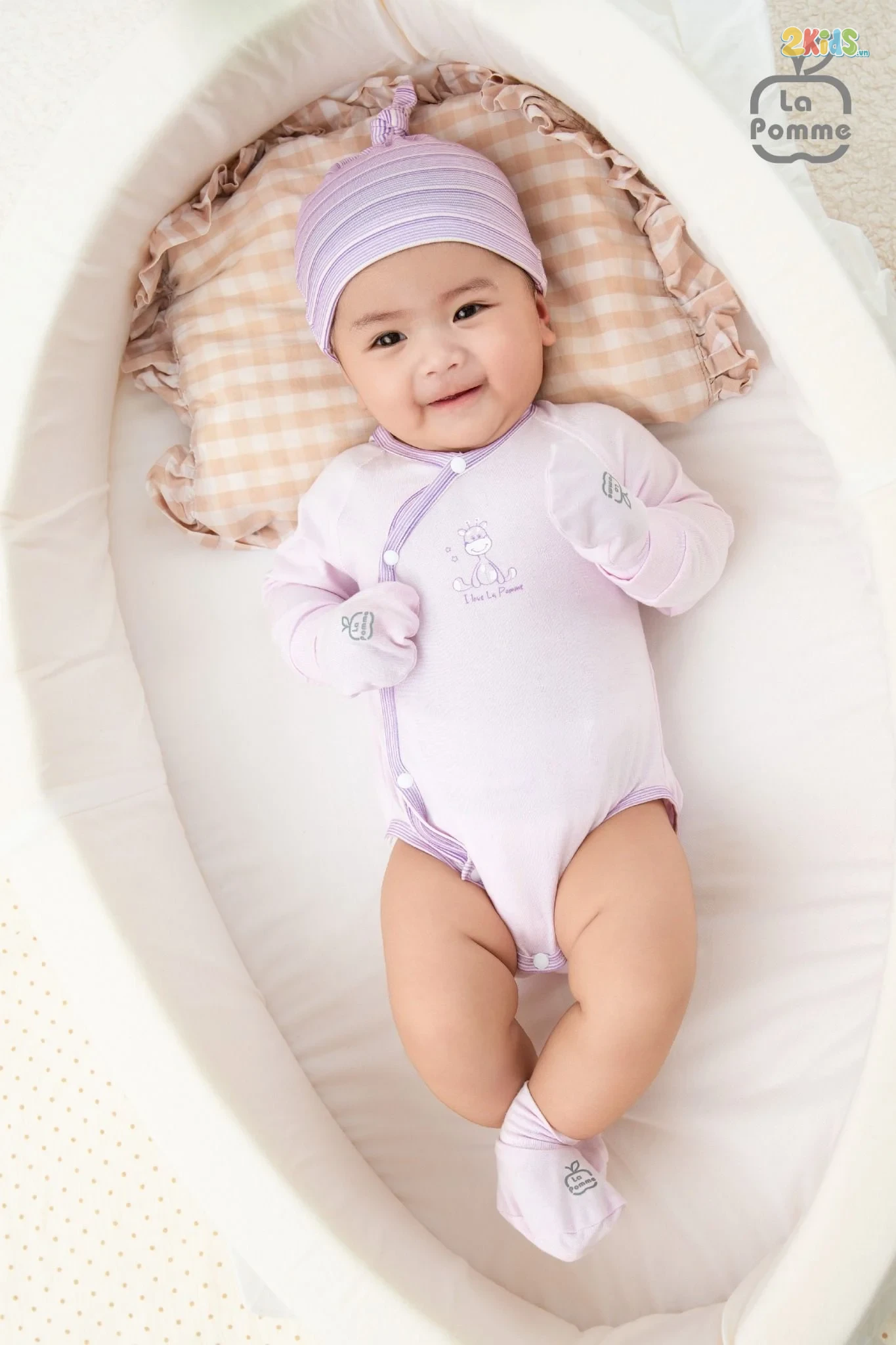 Bộ bodysuit sơ sinh La Pomme dài tay viền phối