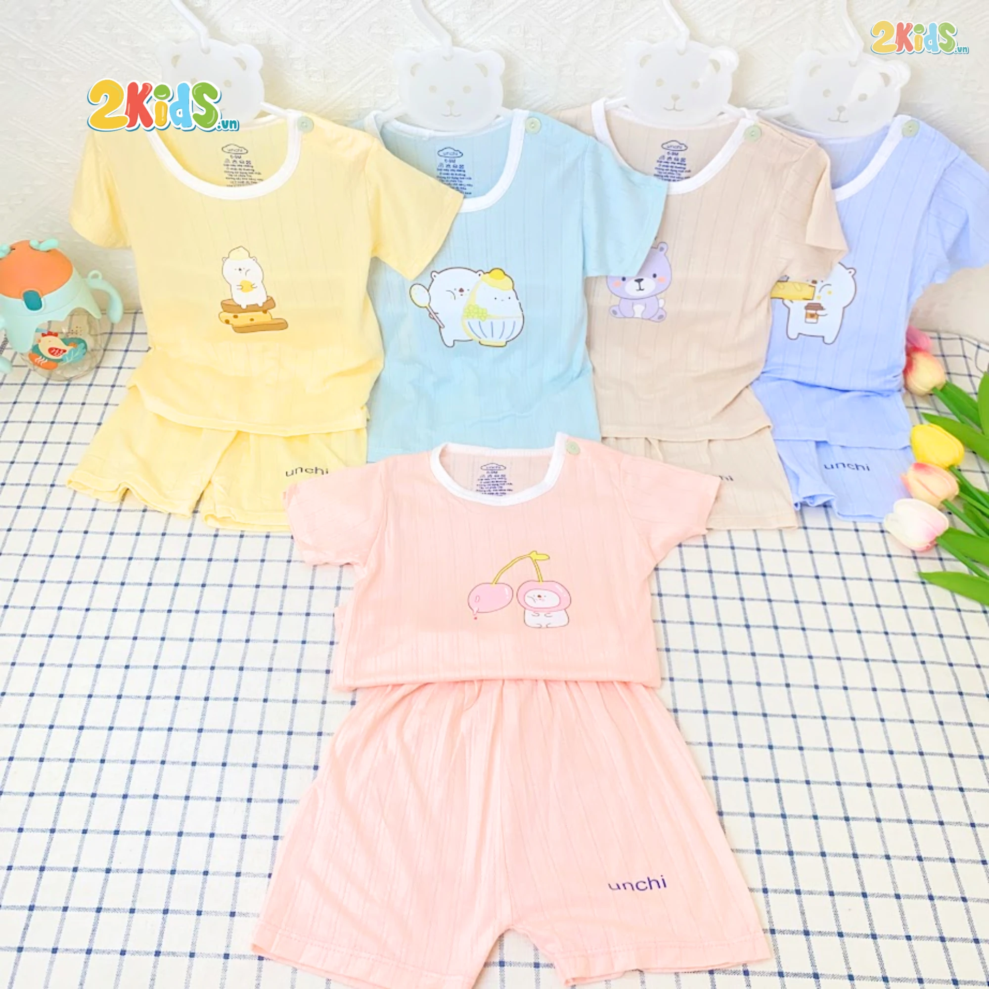 Bộ Quần Áo Sơ Sinh Unchi Cộc Tay Thun Lạnh Thông Hơi