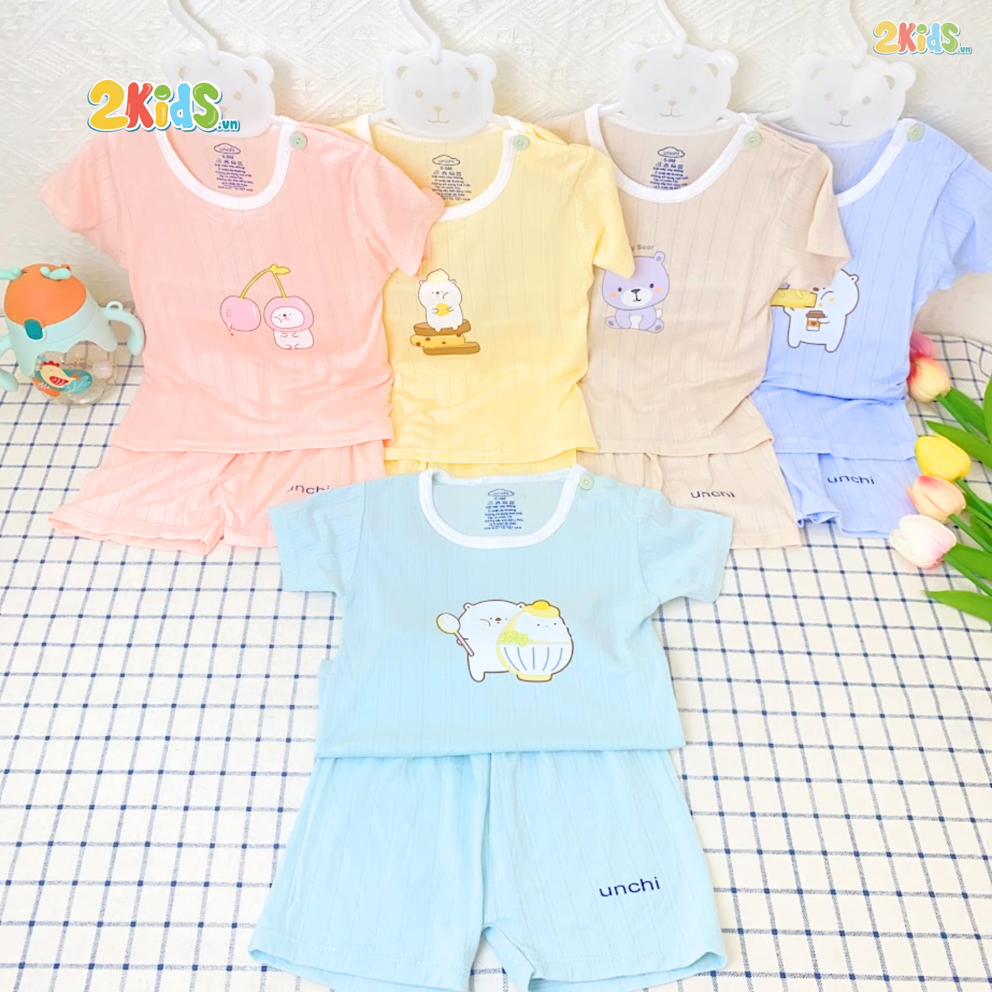 Bộ Quần Áo Sơ Sinh Unchi Cộc Tay Thun Lạnh Thông Hơi