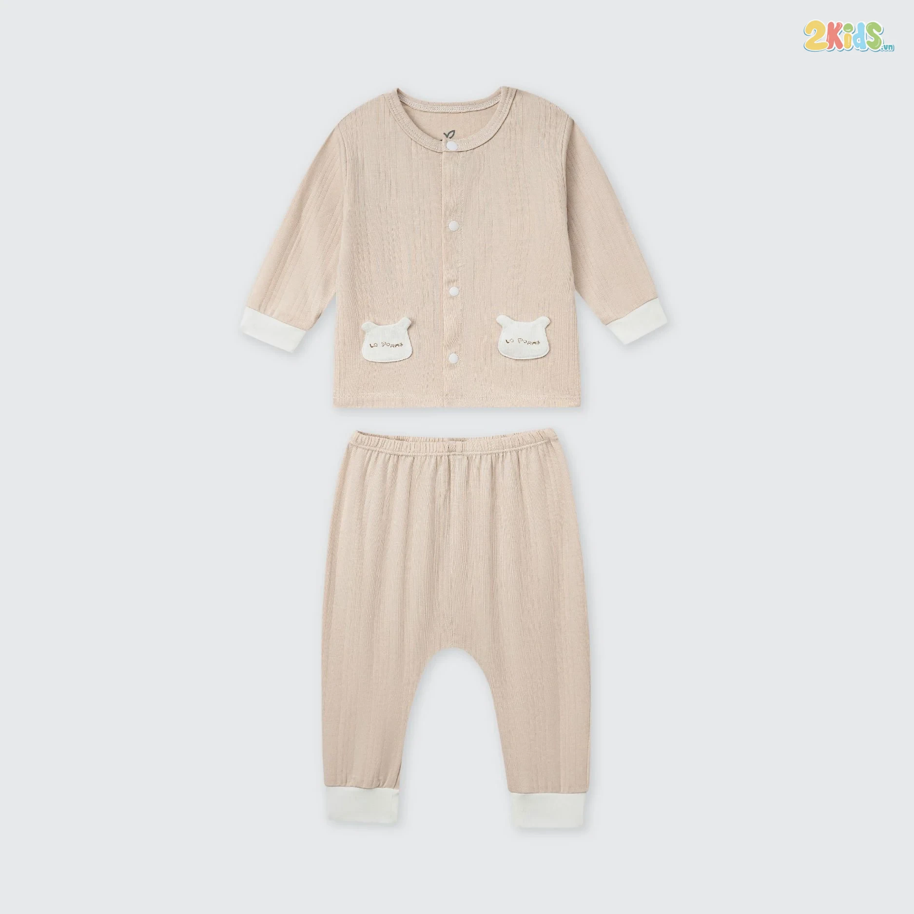 Bộ quần áo sơ sinh La Pomme dài tay cúc giữa gấu con