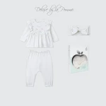 Bộ quần áo sơ sinh La Pomme dài tay kèm băng đô hoa nhí