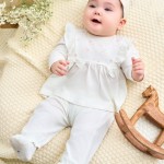 Bộ quần áo sơ sinh La Pomme dài tay kèm băng đô hoa nhí