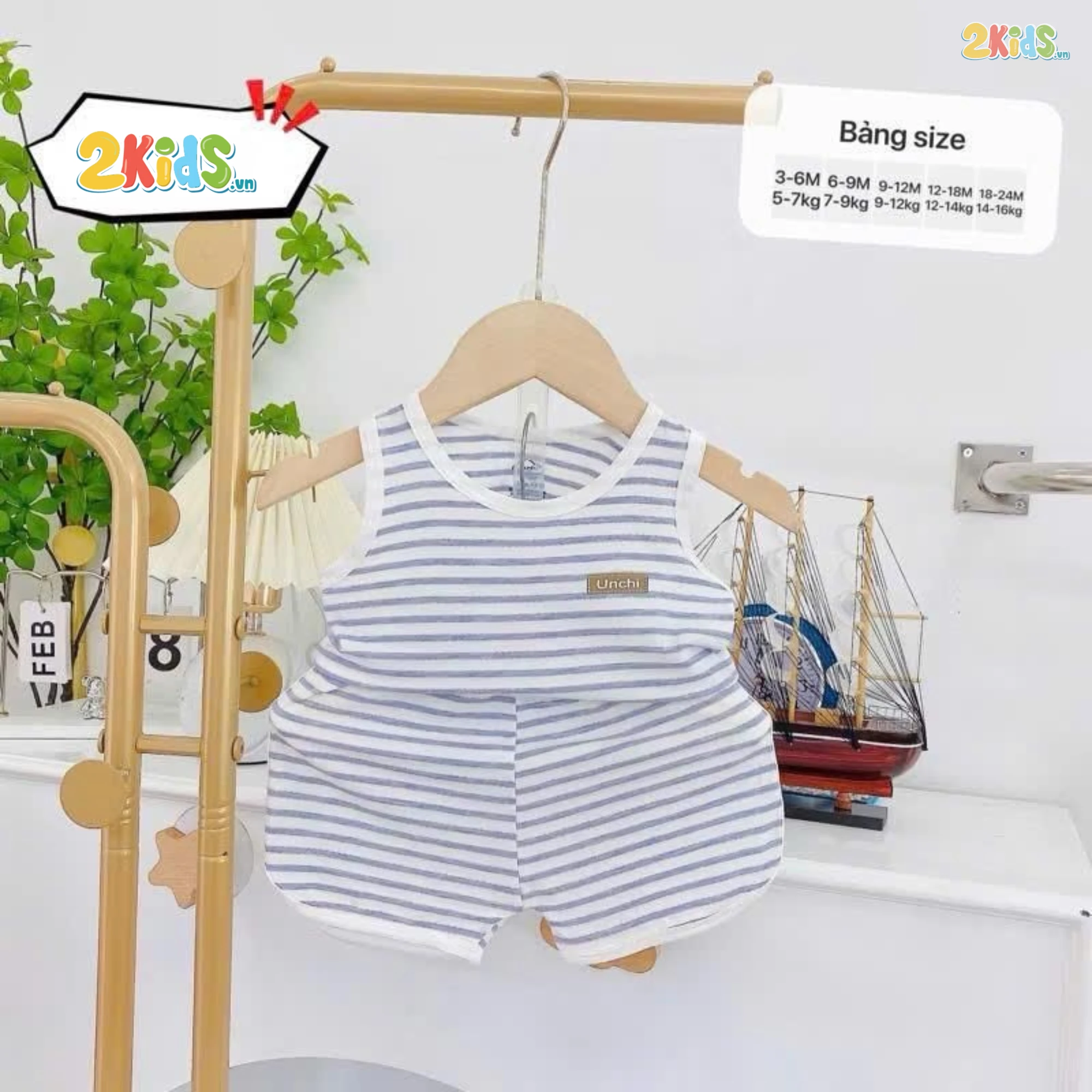 Bộ Quần Áo Sơ Sinh Unchi Ba Lỗ Kẻ Phối Màu