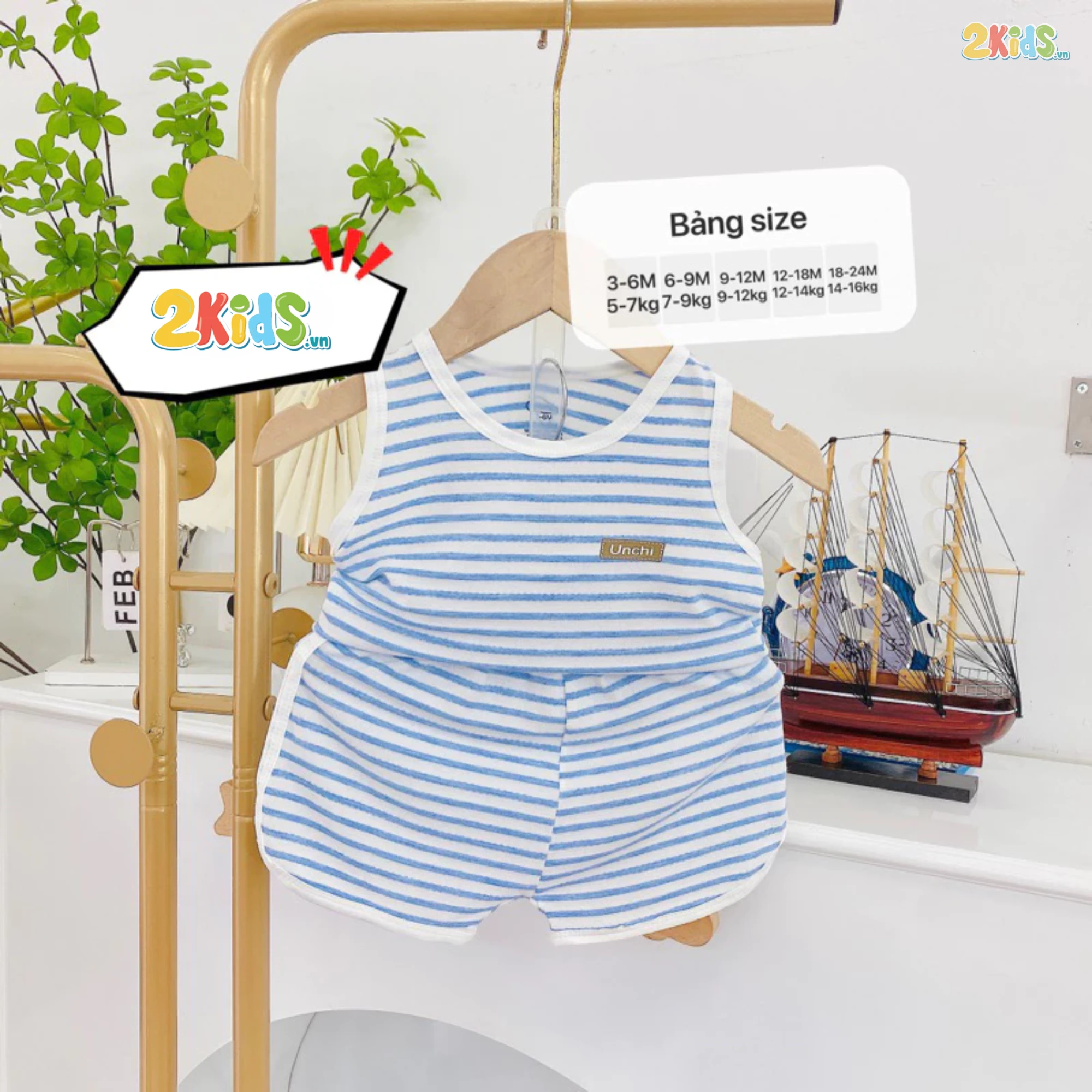 Bộ Quần Áo Sơ Sinh Unchi Ba Lỗ Kẻ Phối Màu