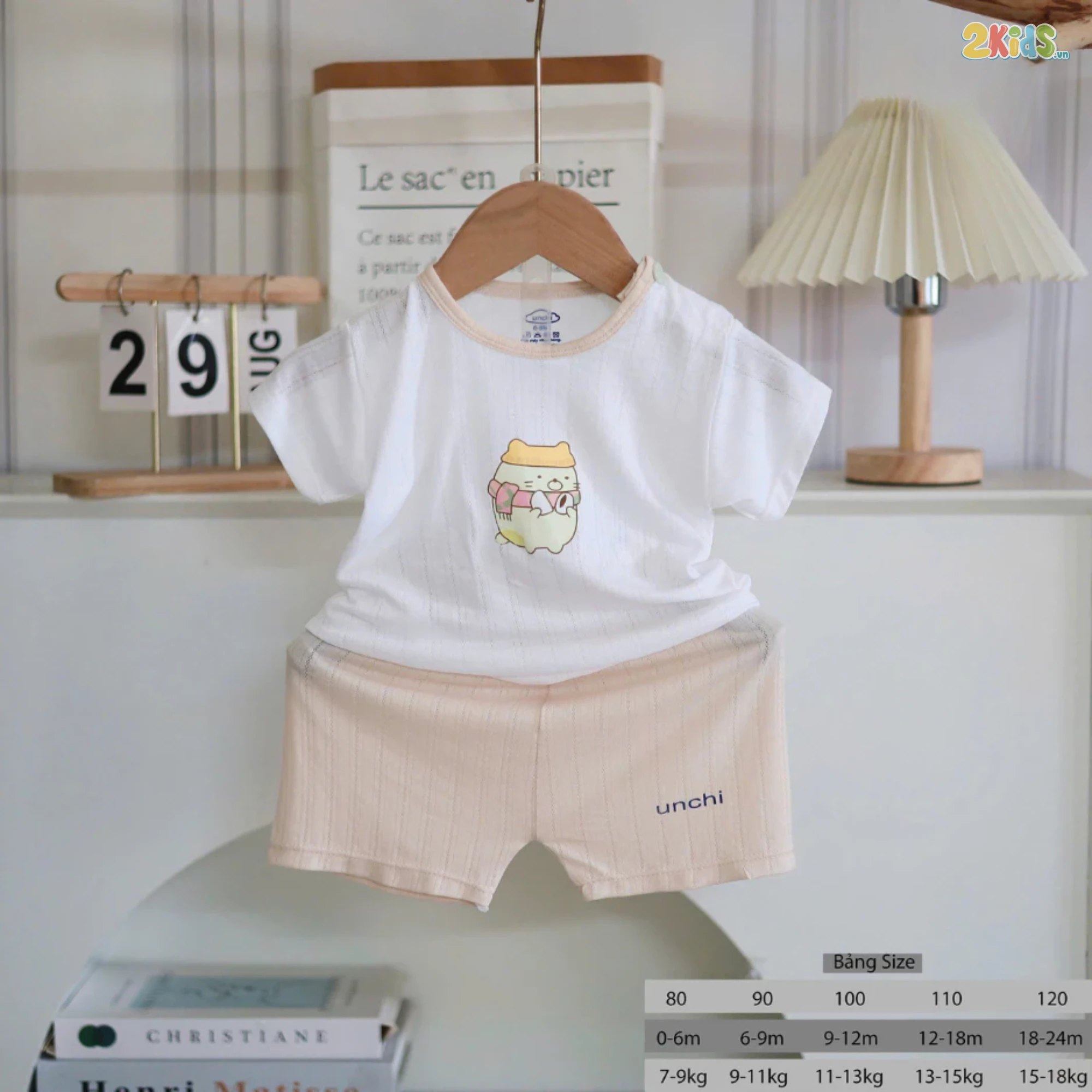 Bộ Quần Áo Sơ Sinh Unchi Cộc Tay Trắng Phối Màu Họa Tiết