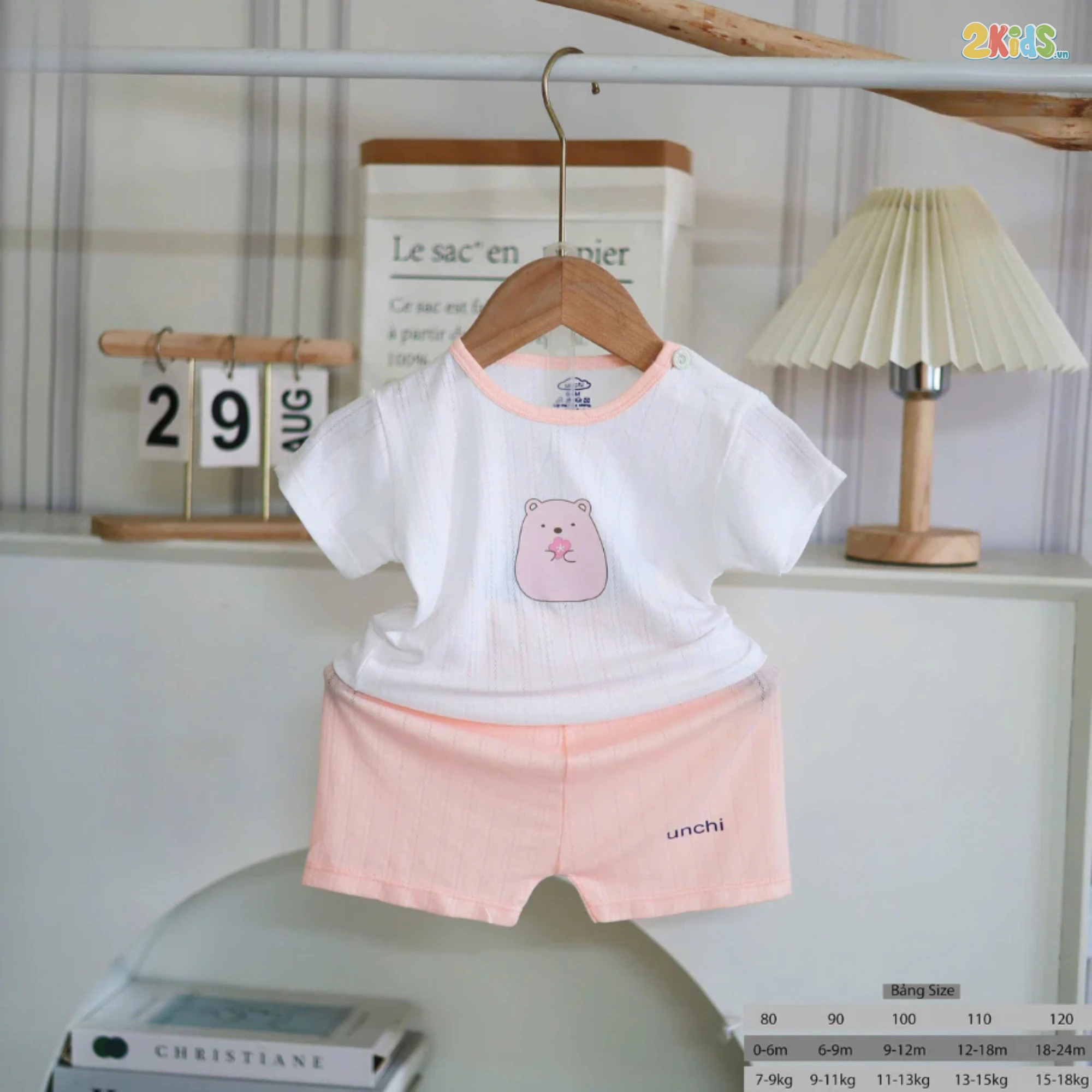 Bộ Quần Áo Sơ Sinh Unchi Cộc Tay Trắng Phối Màu Họa Tiết