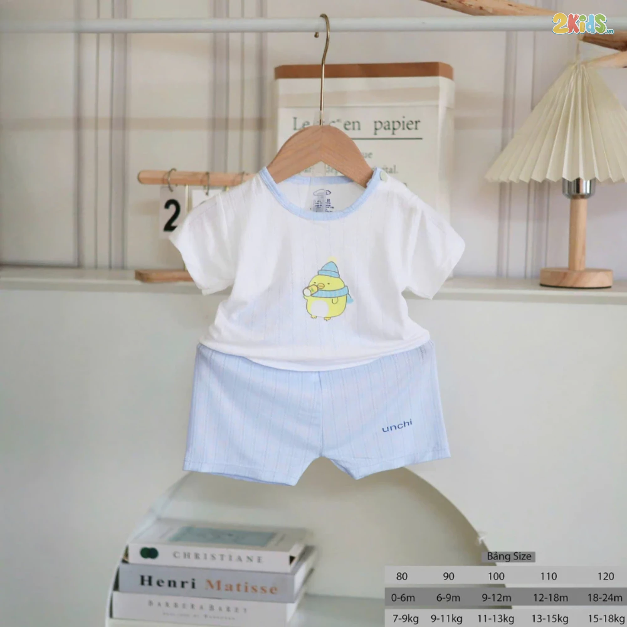 Bộ Quần Áo Sơ Sinh Unchi Cộc Tay Trắng Phối Màu Họa Tiết