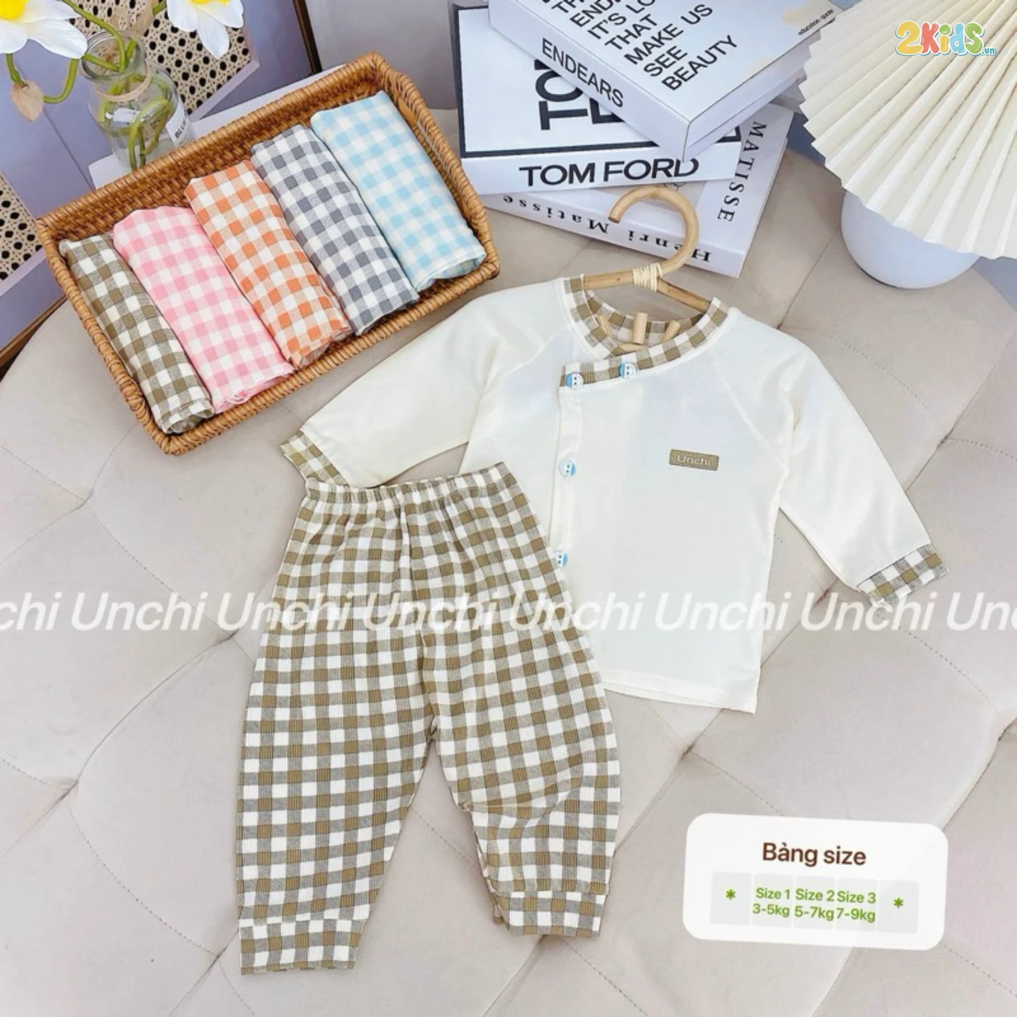 Combo 3 Bộ Quần Áo Sơ Sinh Unchi Dài Tay Cúc Lệch Kẻ Caro