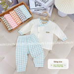 Combo 3 Bộ Quần Áo Sơ Sinh Unchi Dài Tay Cúc Lệch Kẻ Caro