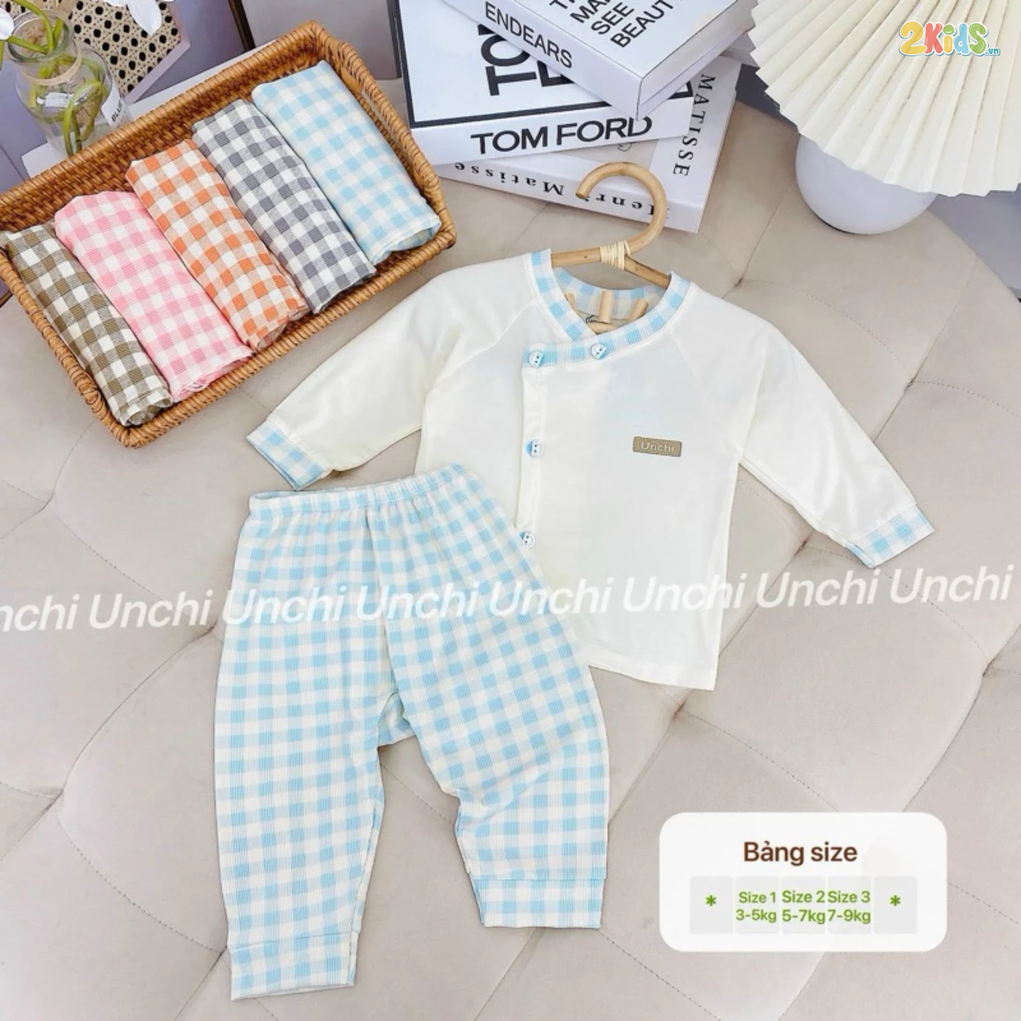 Combo 3 Bộ Quần Áo Sơ Sinh Unchi Dài Tay Cúc Lệch Kẻ Caro