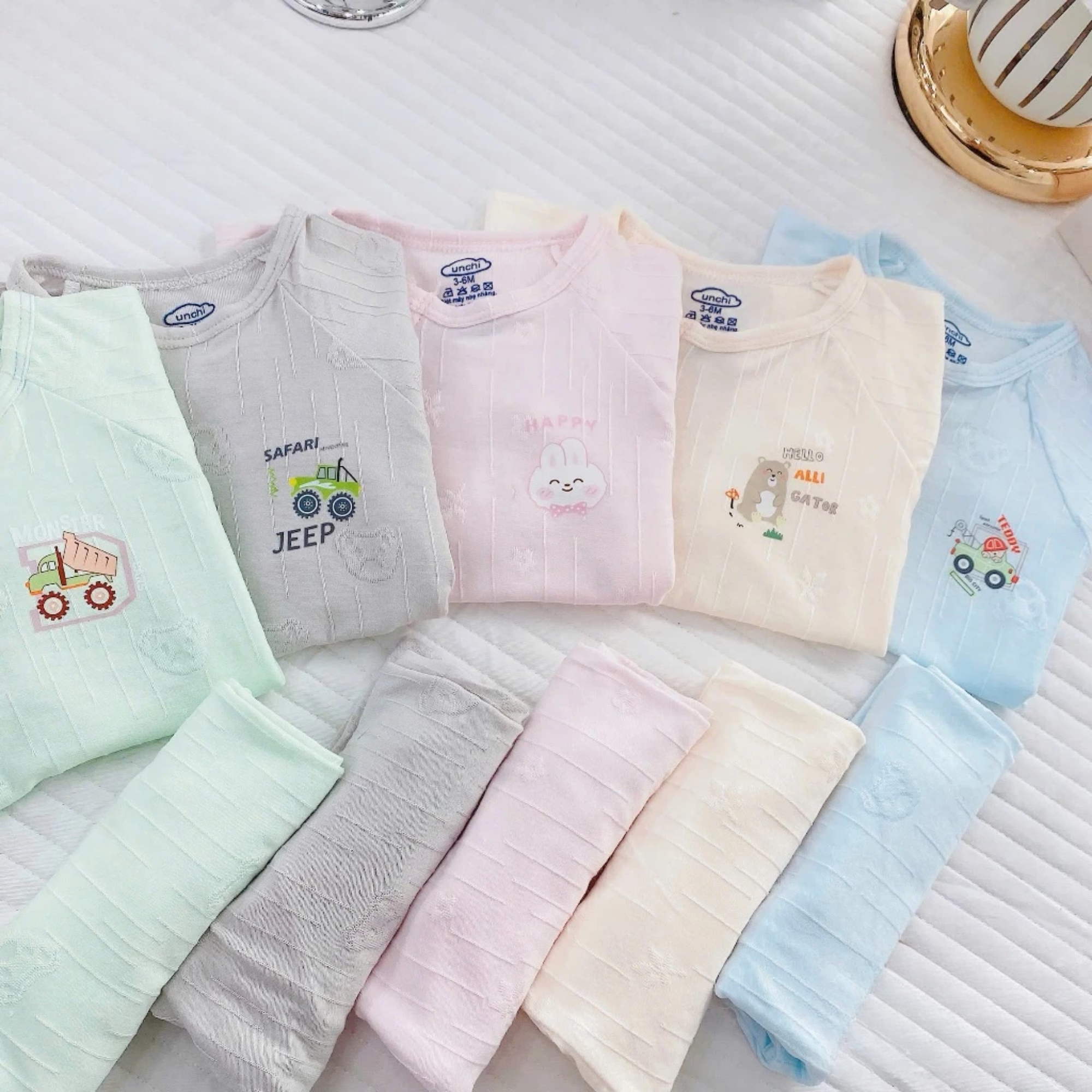 Combo 3 Bộ Quần Áo Sơ Sinh Unchi Cộc Tay Bamboo Vân Nổi