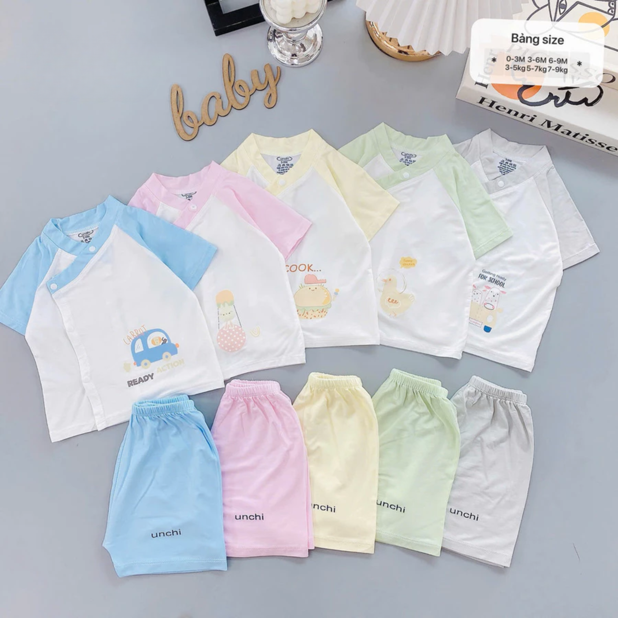 Combo 3 Bộ Quần Áo Sơ Sinh Unchi Cộc Tay Unchi Cài Chéo Xinh Xắn