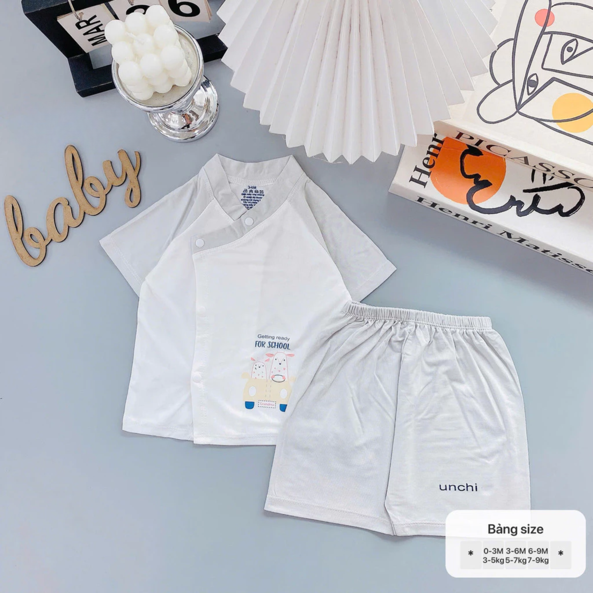 Combo 3 Bộ Quần Áo Sơ Sinh Unchi Cộc Tay Unchi Cài Chéo Xinh Xắn