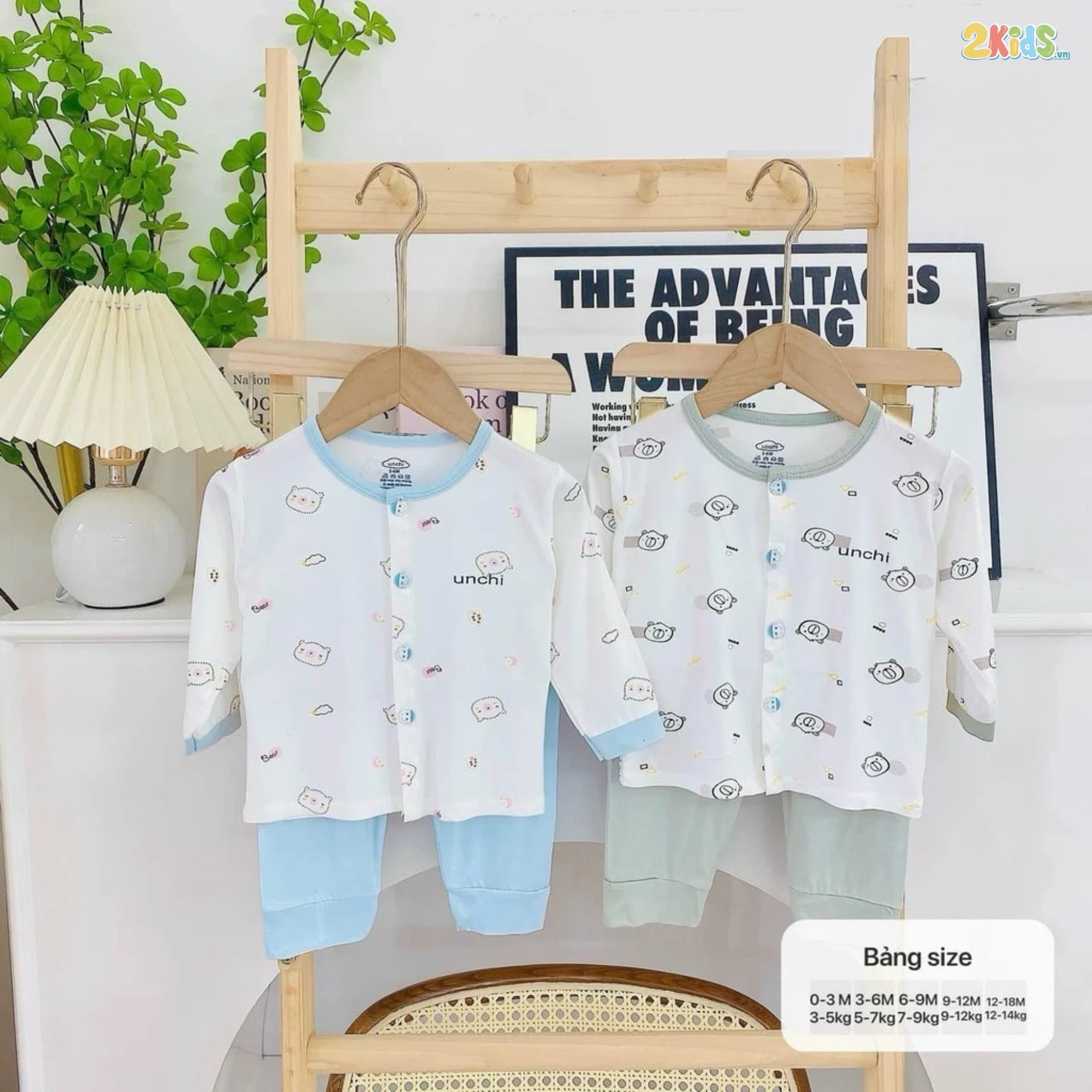 Combo 3 Bộ Quần Áo Sơ Sinh Unchi Dài Tay Cúc Giữa Trắng In Hình