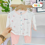 Bộ Quần Áo Sơ Sinh Unchi Dài Tay Cúc Giữa Trắng In Hình