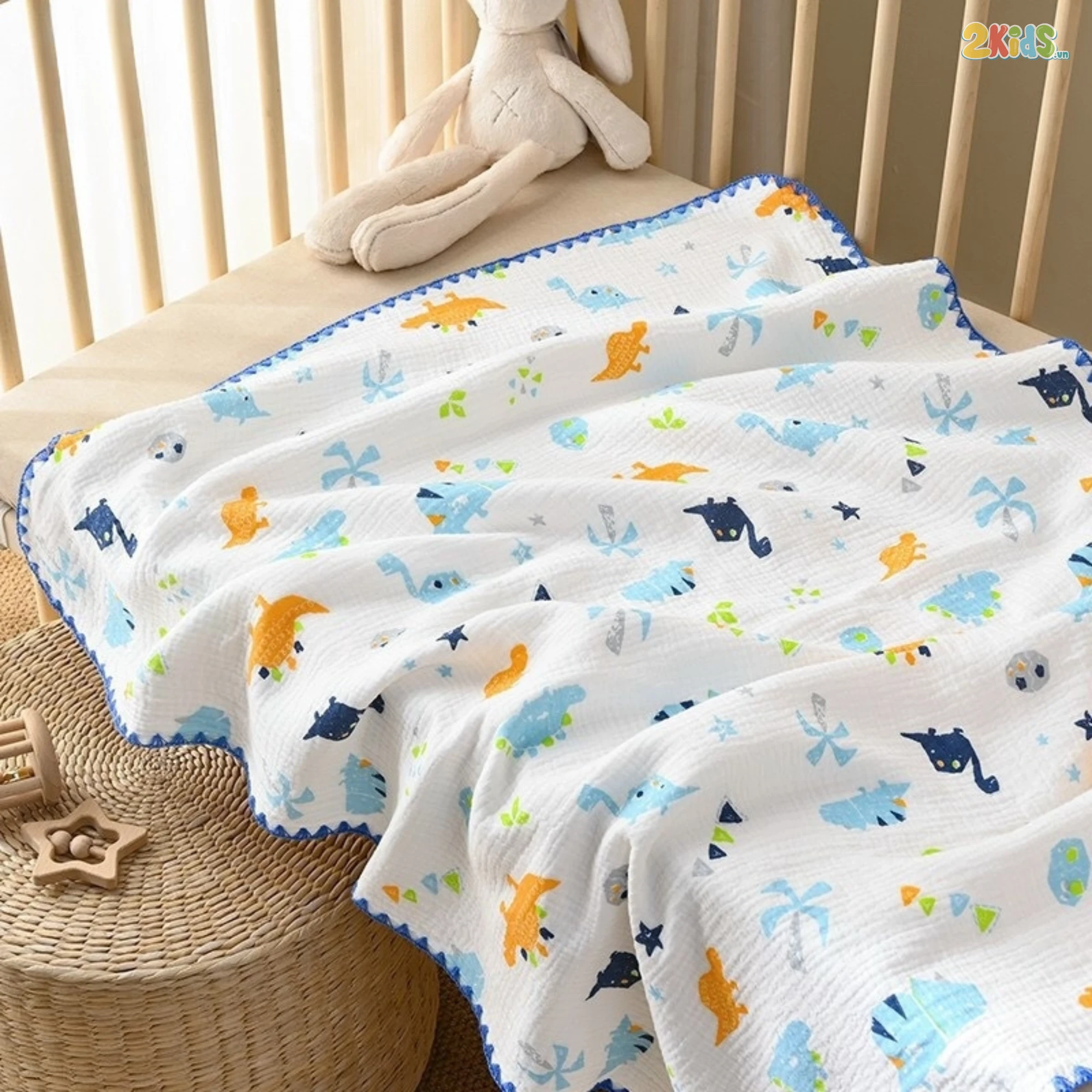 Khăn đa năng xô Muslin 4 lớp thêu viền