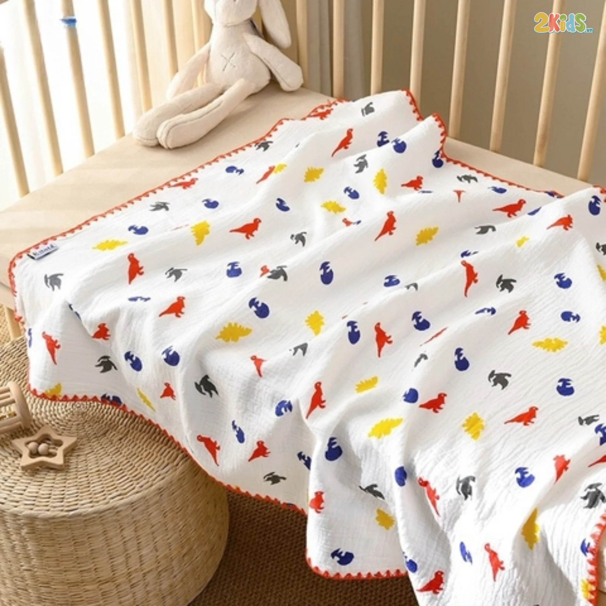 Khăn đa năng xô Muslin 4 lớp thêu viền