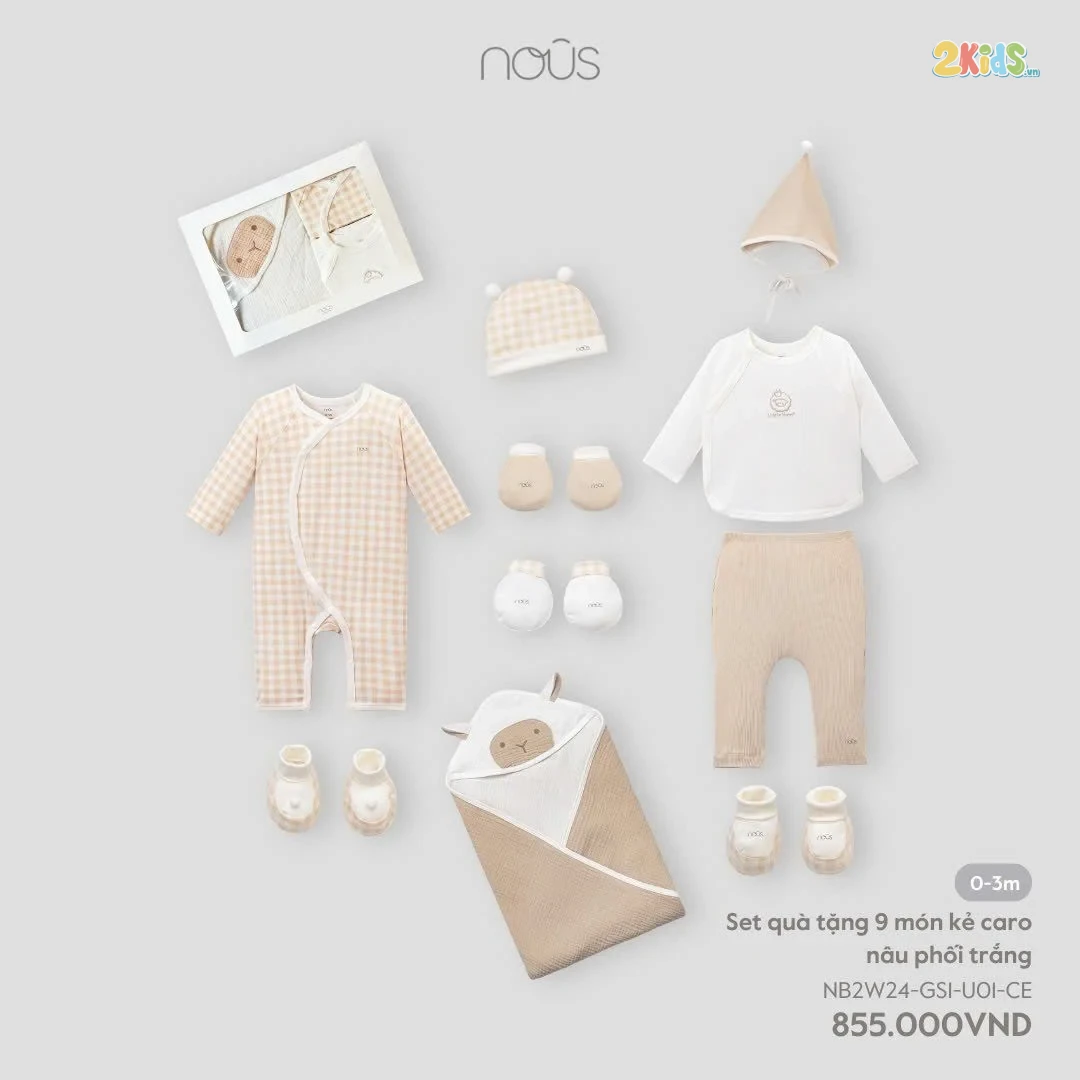 Set quà tặng sơ sinh 9 chi tiết Nous phối màu kẻ caro