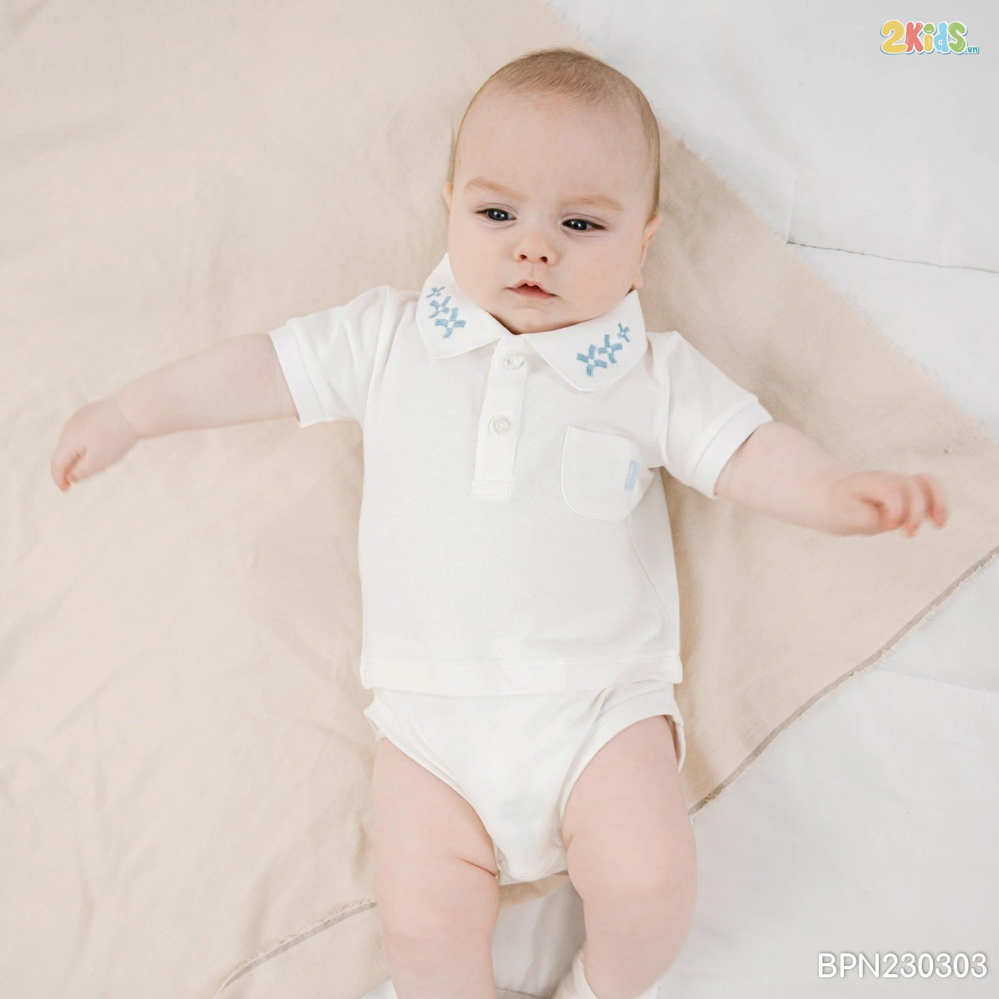 Bộ bodysuit sơ sinh Bu baby ngắn tay cổ Polo phối họa tiết