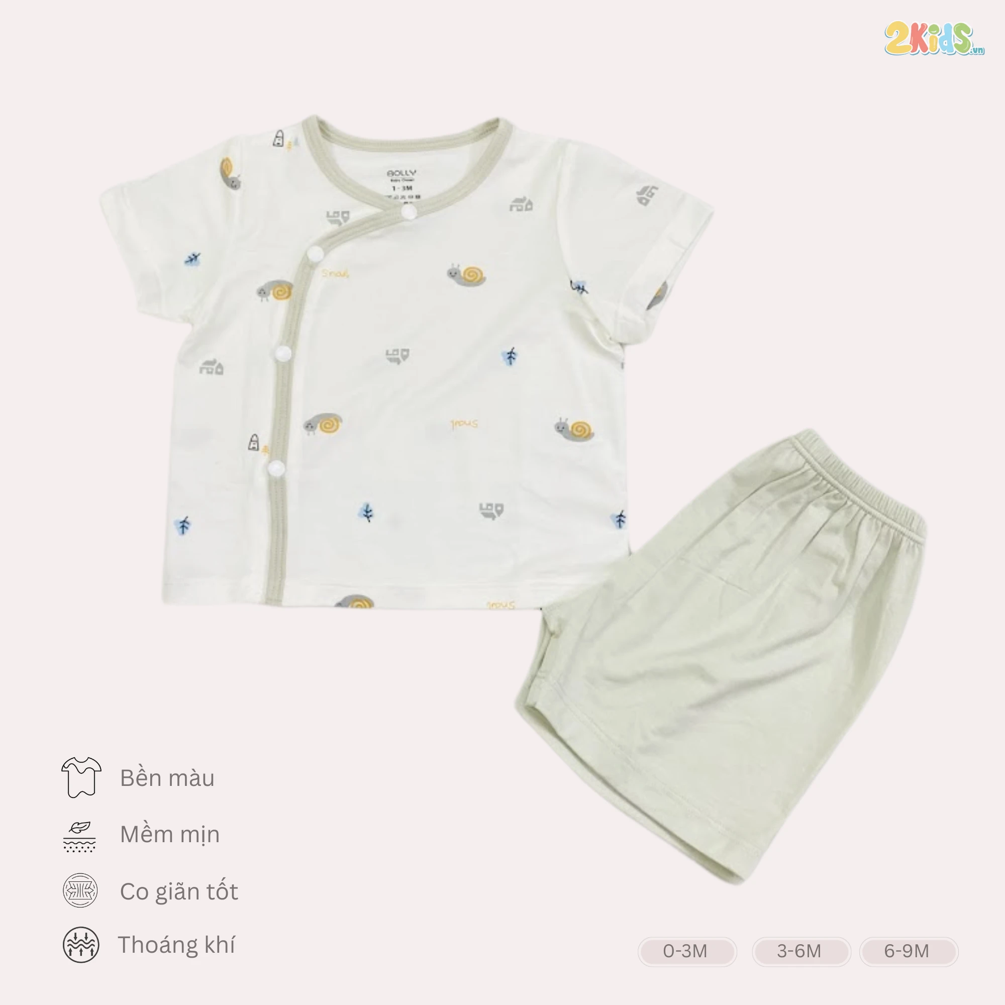 Bộ sơ sinh cộc tay cài lệch Bolly hoạ tiết