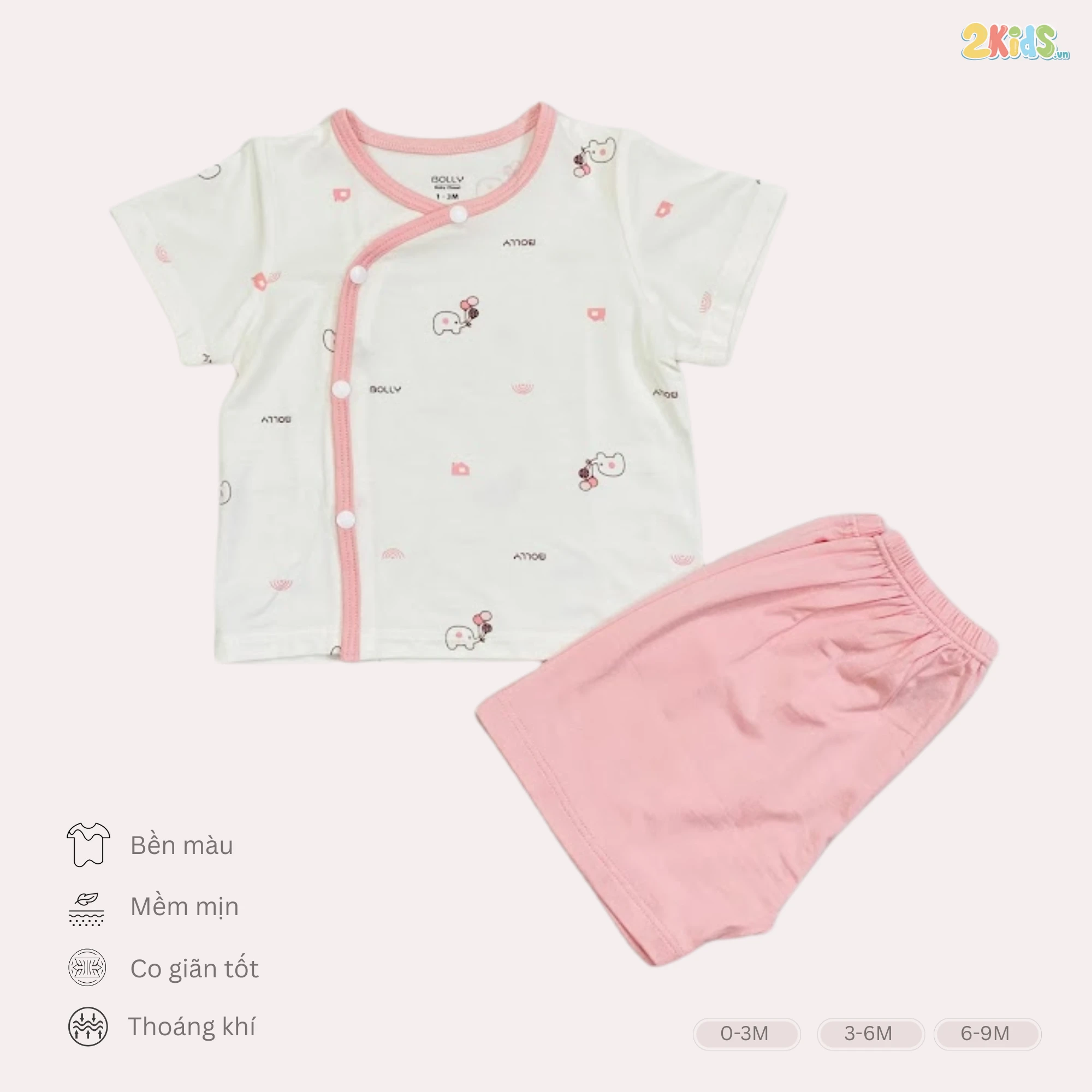 Bộ sơ sinh cộc tay cài lệch Bolly hoạ tiết