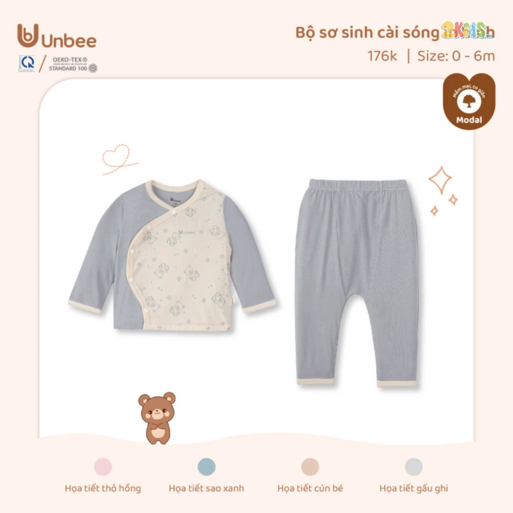 Bộ sơ sinh dài tay Unbee cài sóng in hình