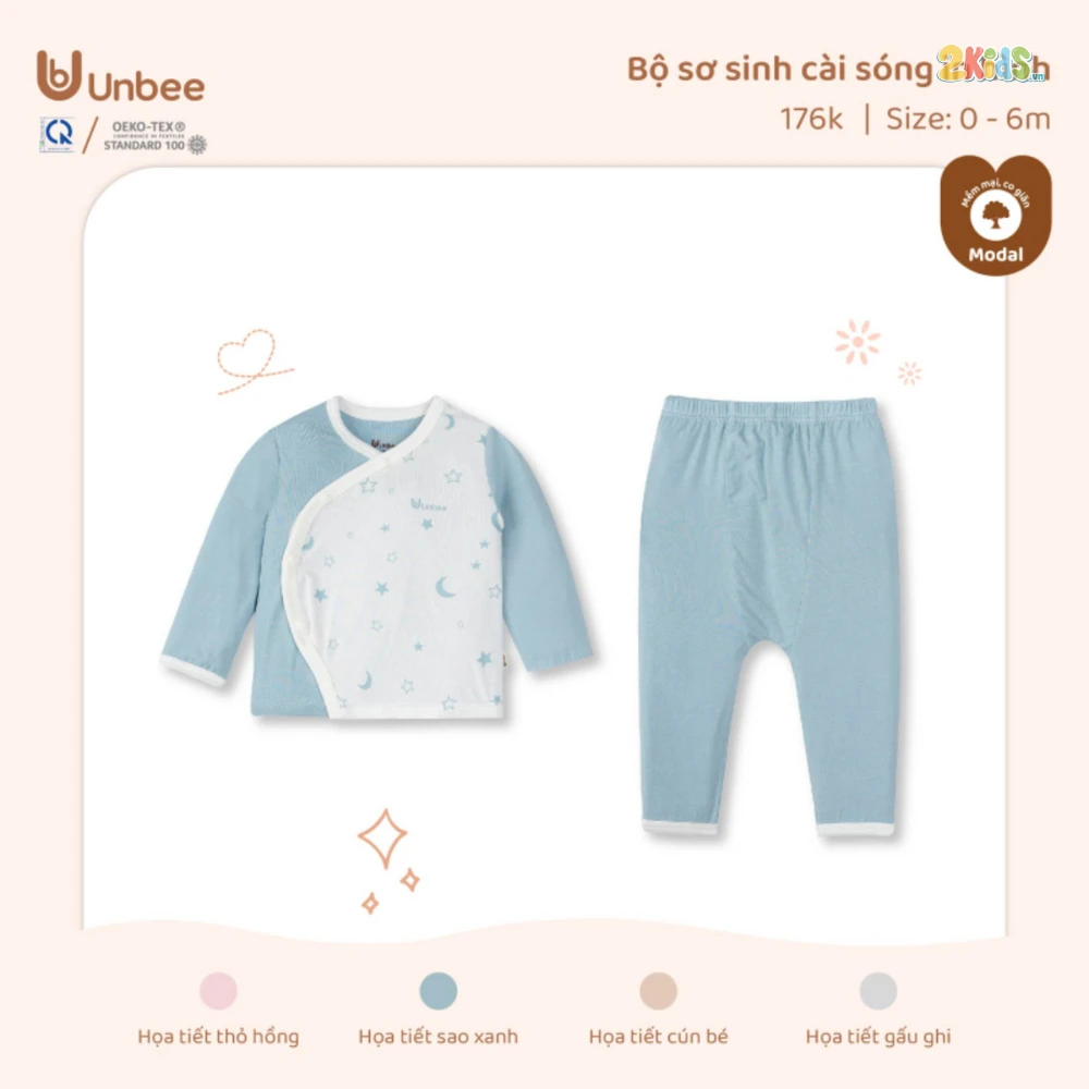 Bộ sơ sinh dài tay Unbee cài sóng in hình