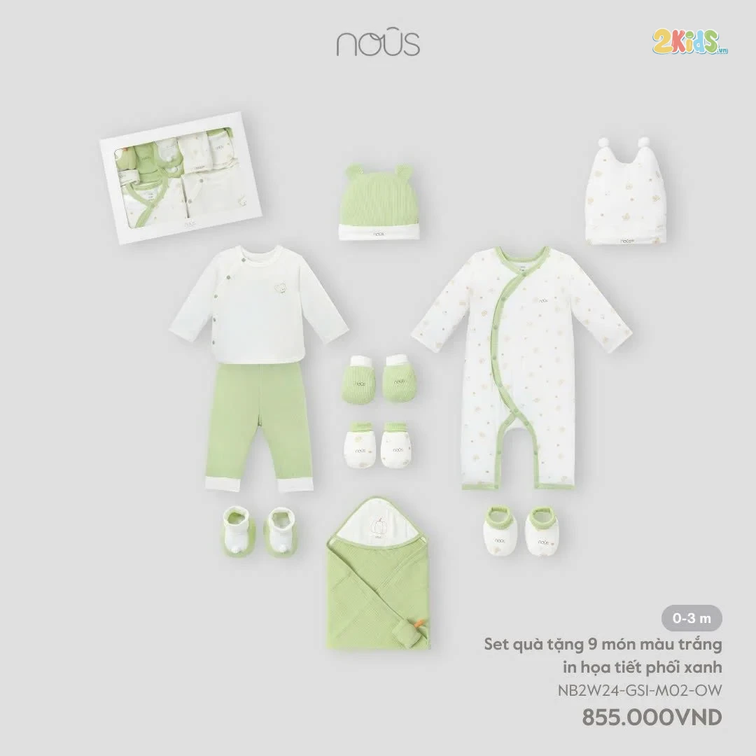 Set quà tặng sơ sinh 9 chi tiết Nous phối màu xanh - trắng