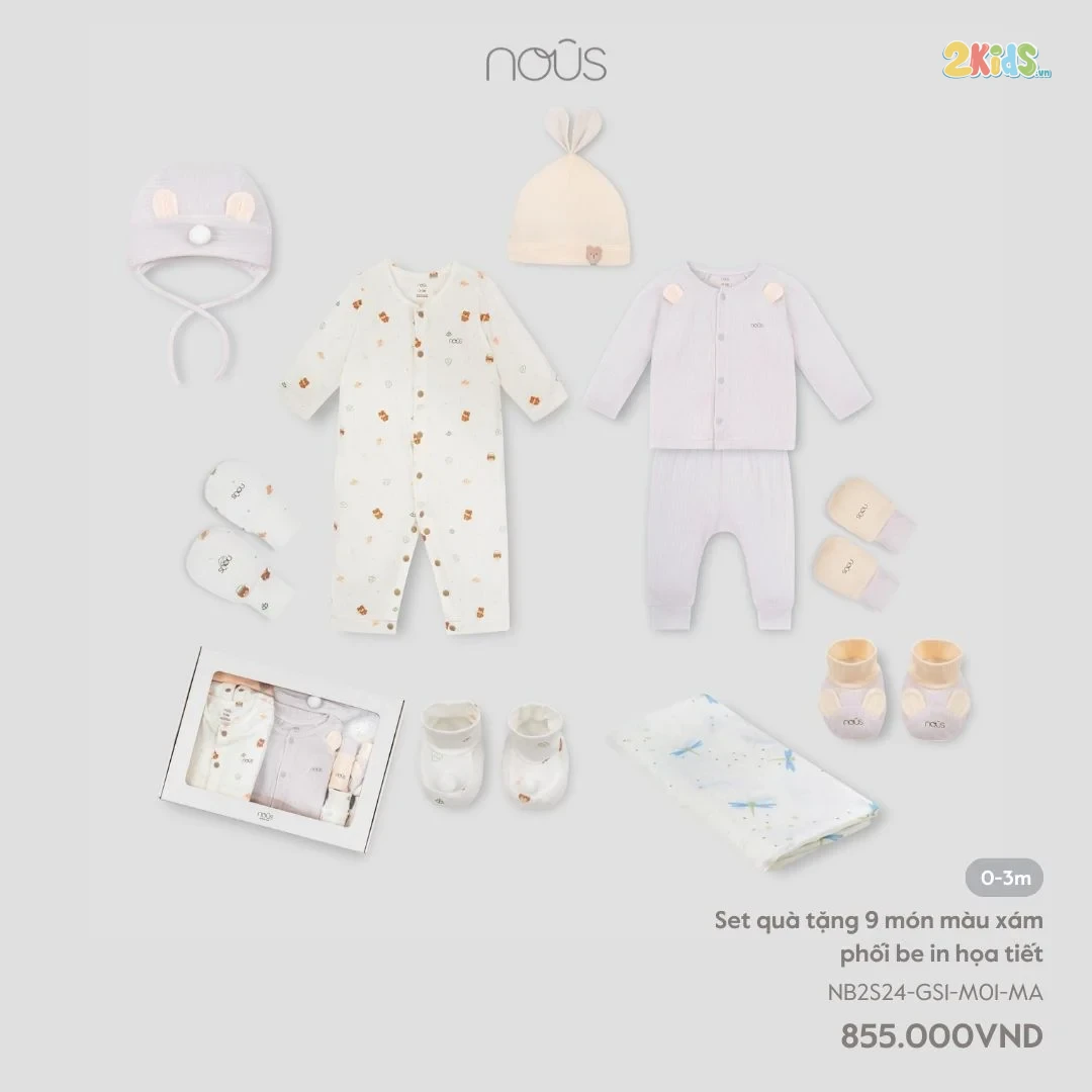 Set quà tặng sơ sinh 9 chi tiết Nous phối màu be - xám