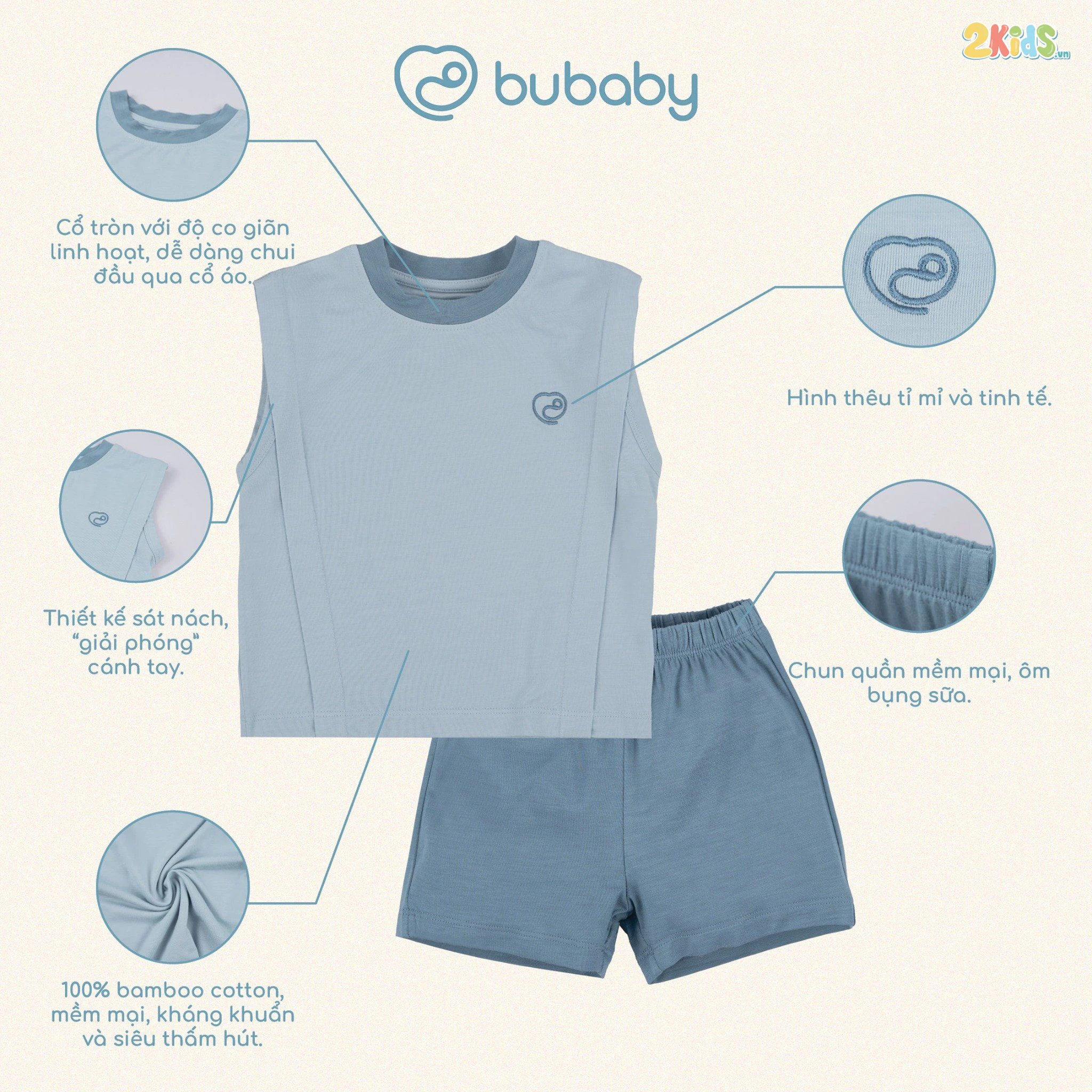 Bộ quần áo trẻ em Bu baby sát nách cổ tròn Bambus