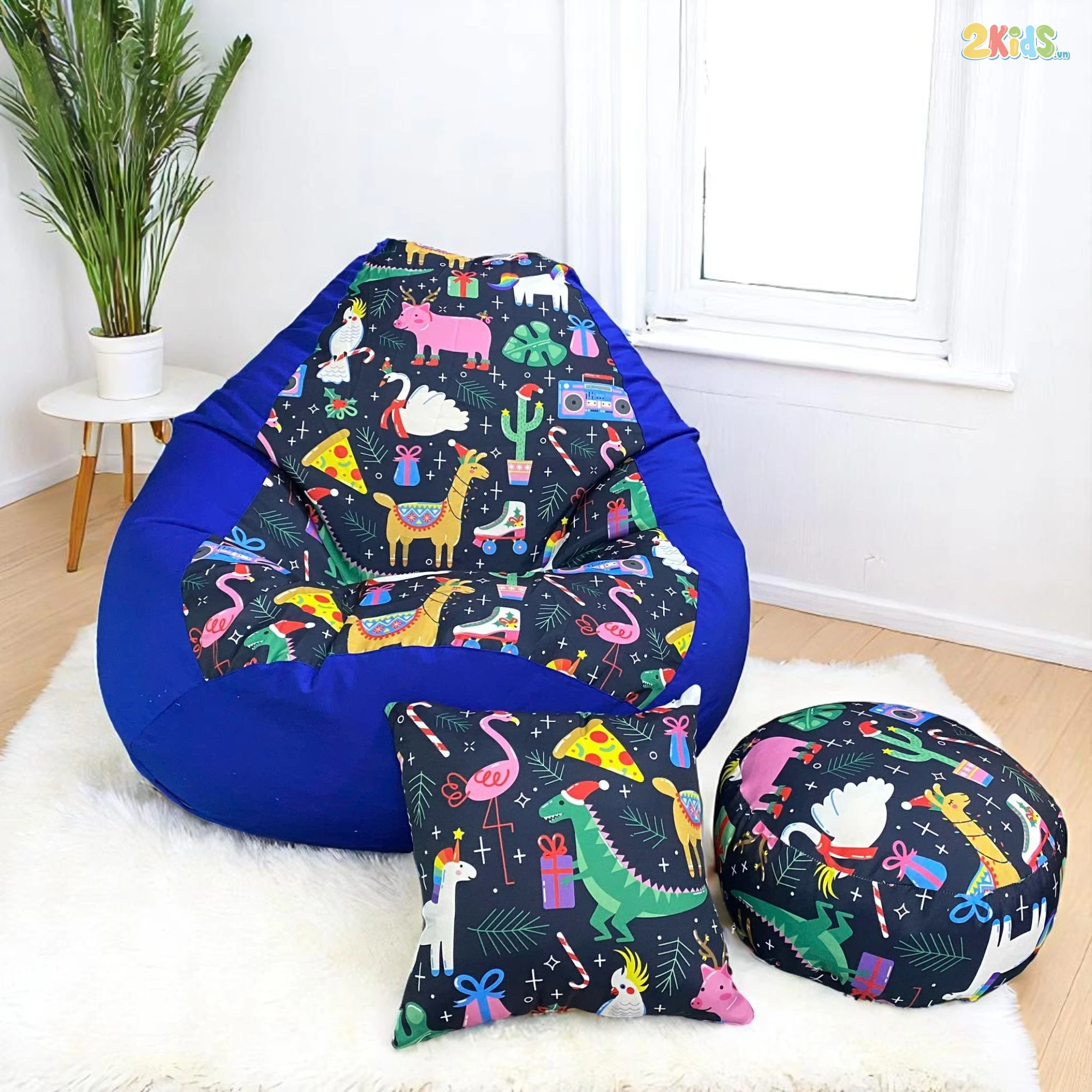 Ghế Lười Chống Thấm Kaki Mix Da Lộn Hình Thú Xanh