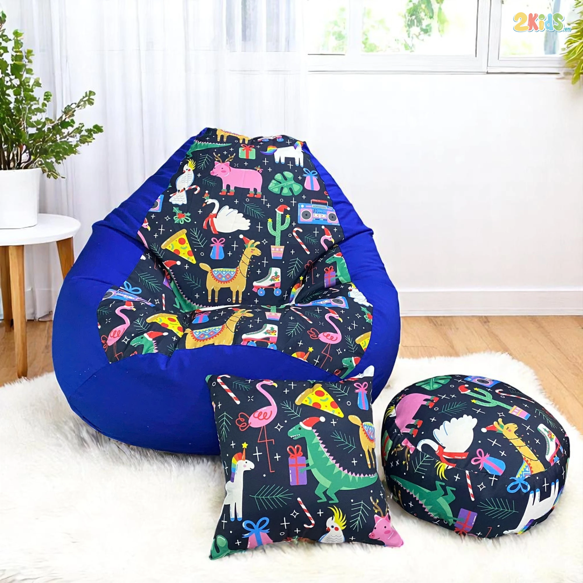 Ghế Lười Chống Thấm Kaki Mix Da Lộn Hình Thú Xanh